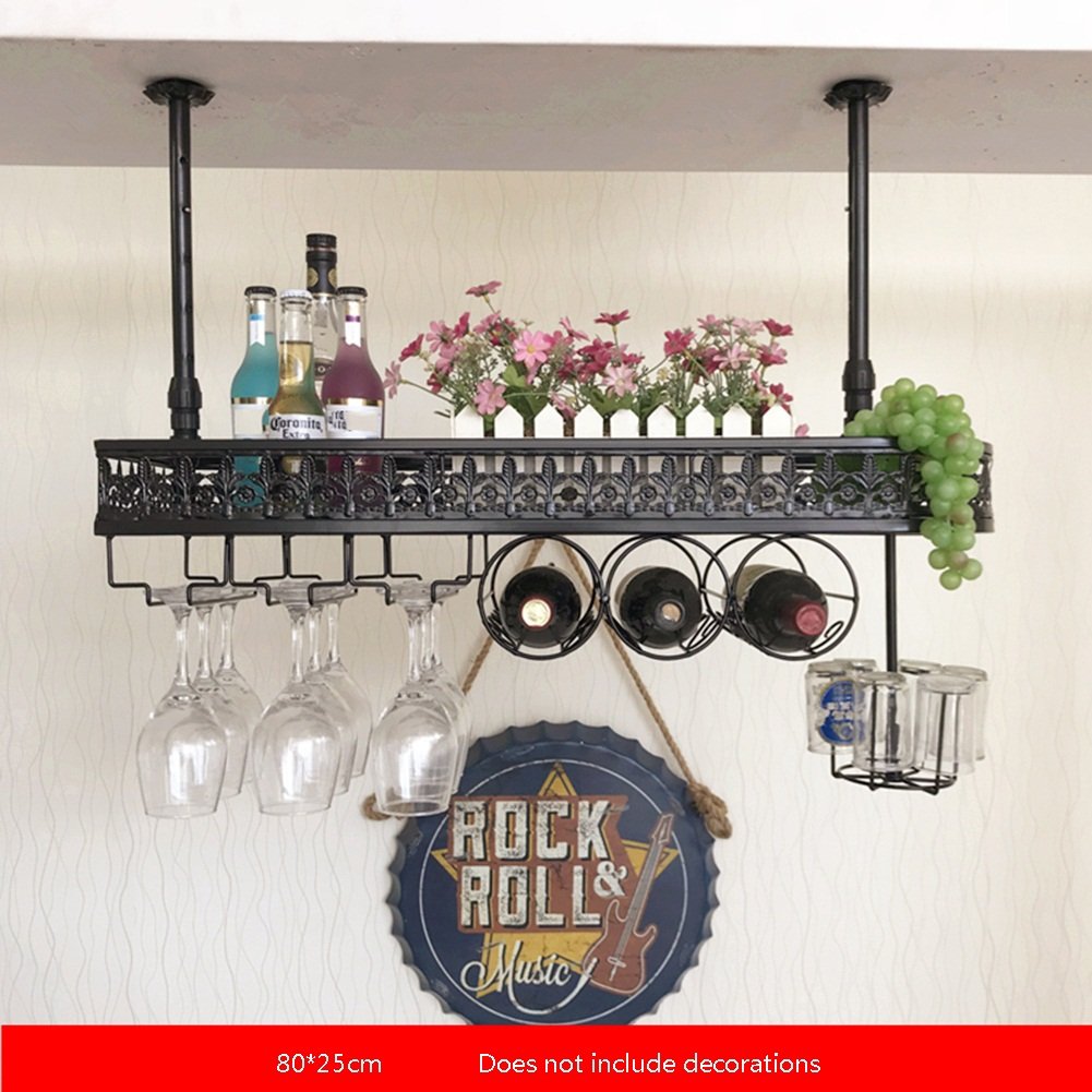 Casier à vin en fer noir de 80 cm avec porte-gobelet suspendu pour cuisine et salon