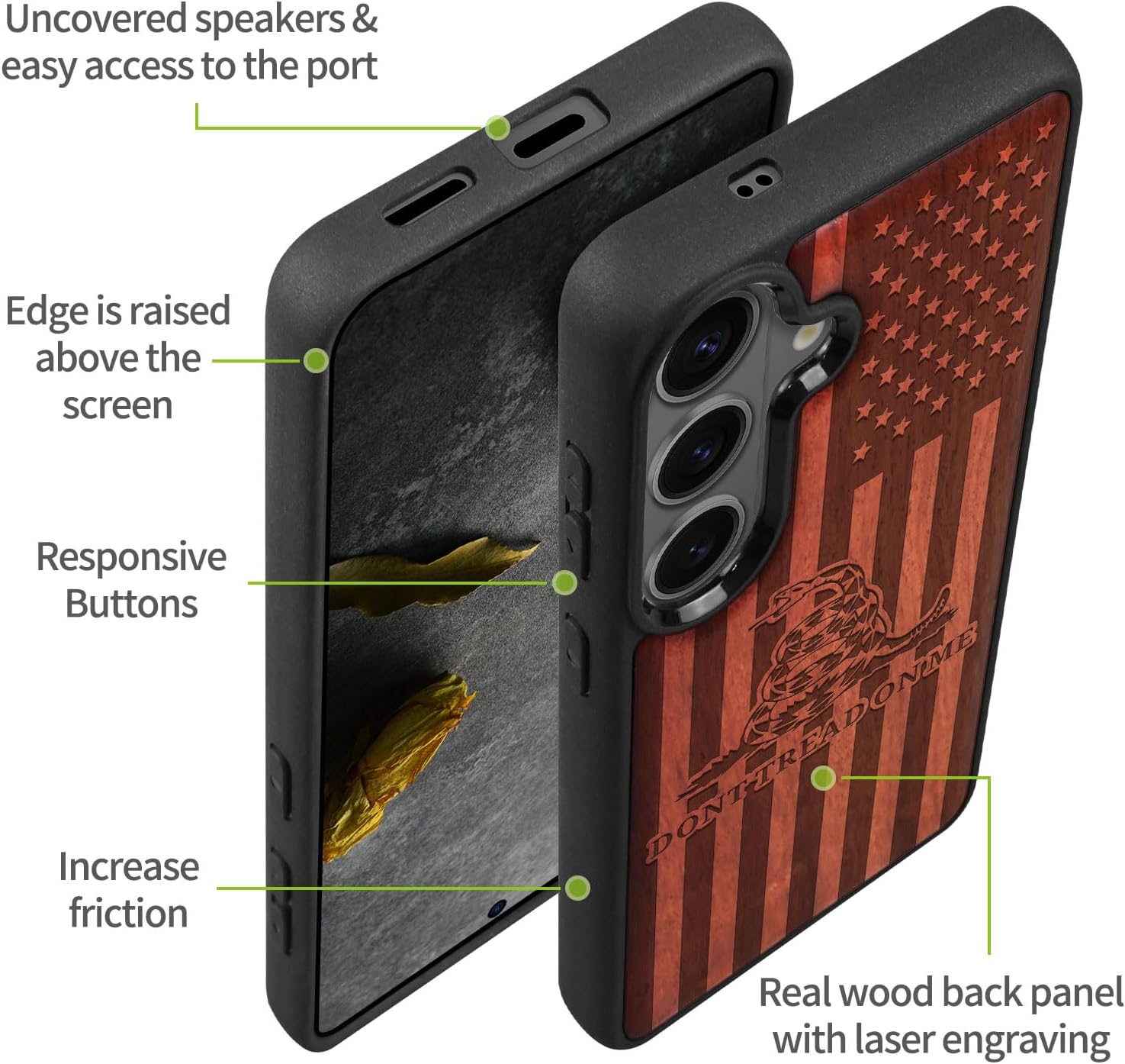 Carveit Magnetic Wooden Case for Galaxy S26+ Samsung S26 Plus Case, TPU Shockproof Cover & Wood Engraved, Compatible with MagSafe Wireless Chargers (Gadsden and The American Flag) Rosy