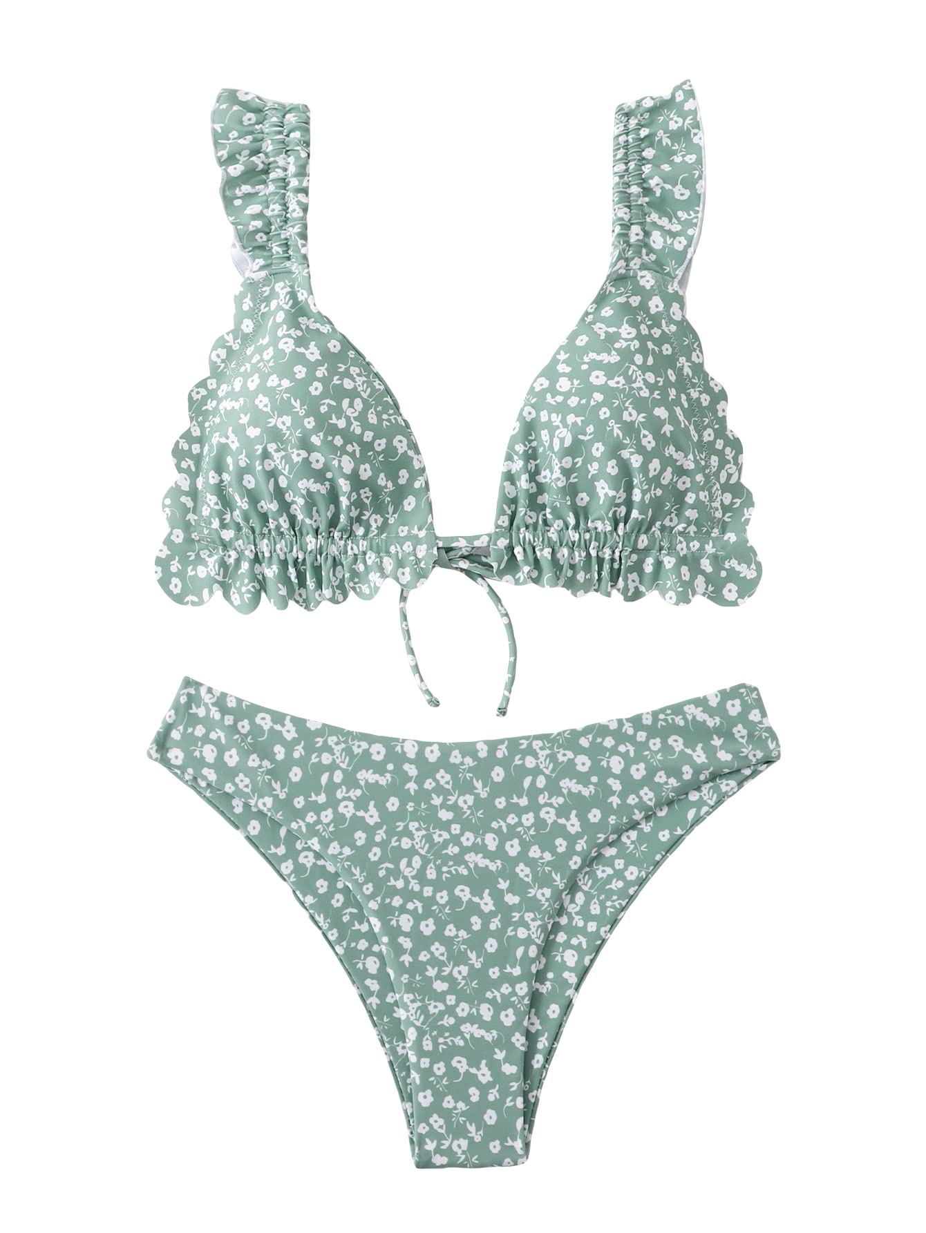 SOLY HUXWomen's Ditsy Floral Print Bikini Set Frill Trim Triangle Bathing Suits 2 Piece Swimsuit