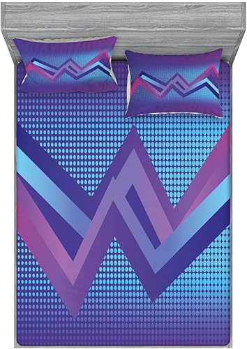 Ambesonne Synthwave - Juego de sábanas bajeras y fundas de almohada, diseño abstracto inspirado en medio tono con colorido gráfico retro de zigzags,