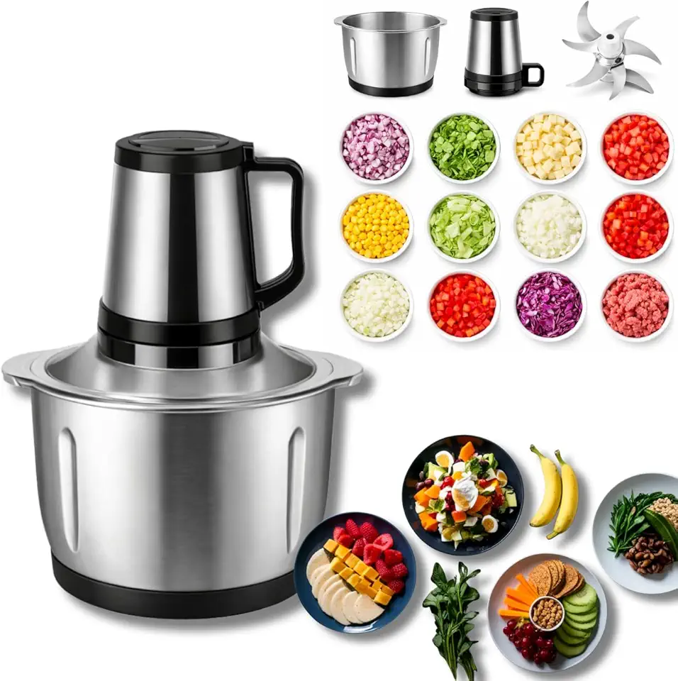 Processador de Alimentos Inox 5 litros Grande Alta Potência com 5 Lâminas de Aço Triturador Elétrico Profissional com Tigela em Inox, Motor de Alta Velocidade para Carnes, Legumes e Temperos 110V