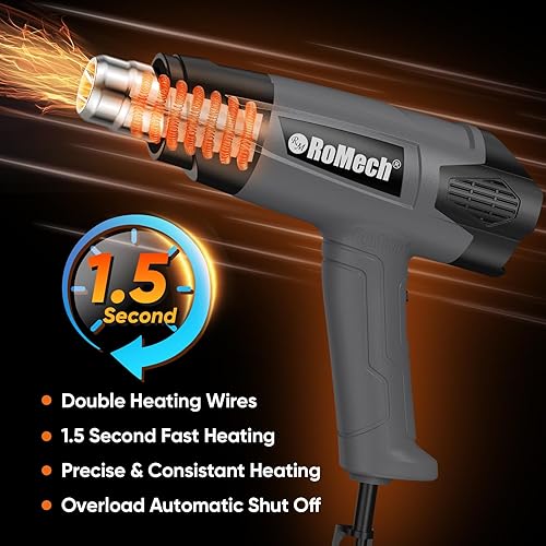 Miniatura 3 de ROMECH Pistola de calor resistente de 1500 W, kit de pistola de aire caliente con control de temperatura variable con 2 caudales de aire de 120 F a