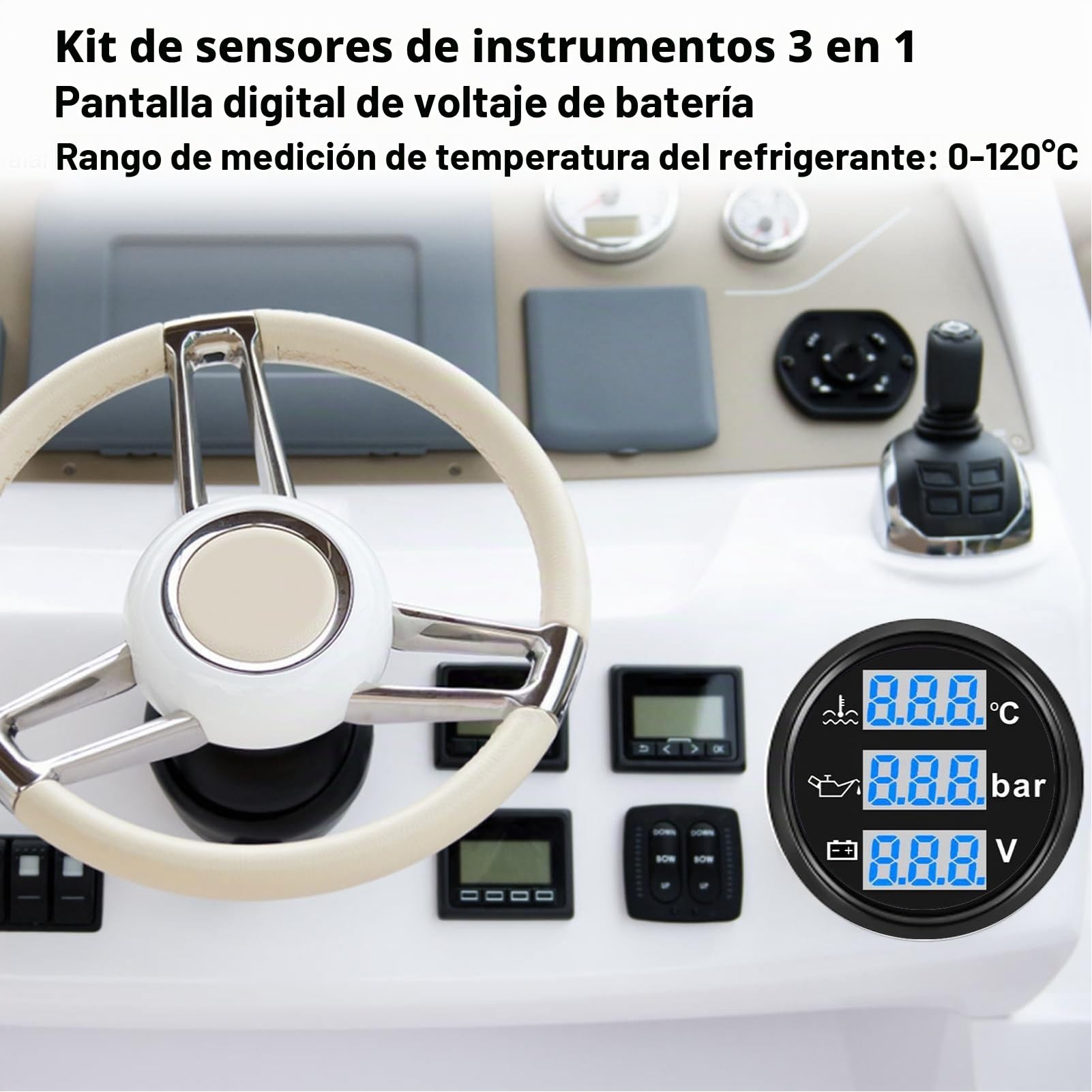 Voltímetro de Presión de Aceite y Temperatura del Agua para Barcos, 52mm | 3 en 1 Pantalla digital, IP67 Prueba de Agua, Multifunctional Juego de Calibre Triple para Vehículos Base Negra Marco Negro
