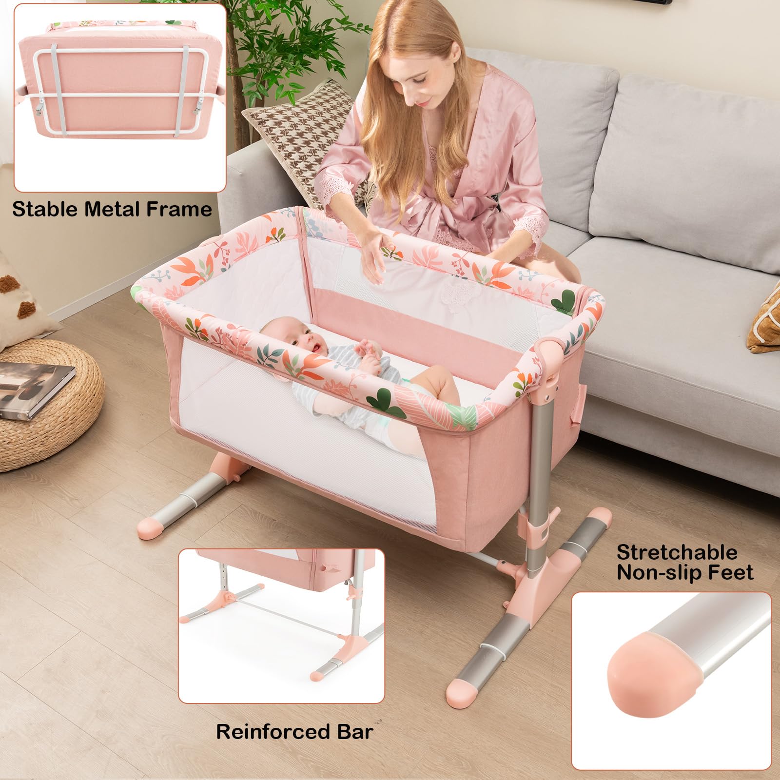 Baby Beistellbett 6-stufig Höhenverstellbar - Mit Matratze & Rollen Für 0-6 Monate