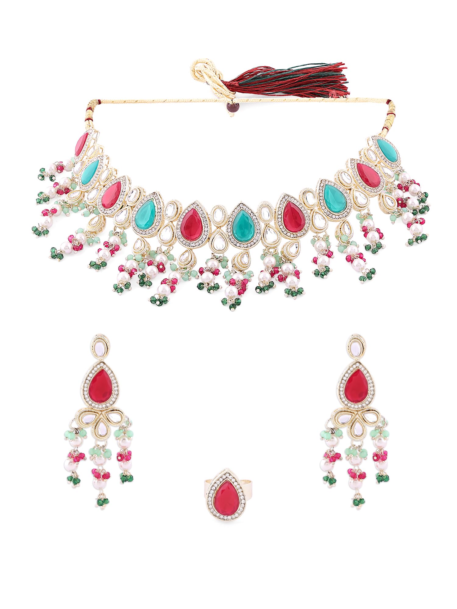 ZAVERI PEARLS Multicolor Stones Beads Kundan Choker Necklace Earring & Ring Set For Women-ZPFK16123 (B0C4TTZ377) Amazon Price History, Amazon Price Tracker