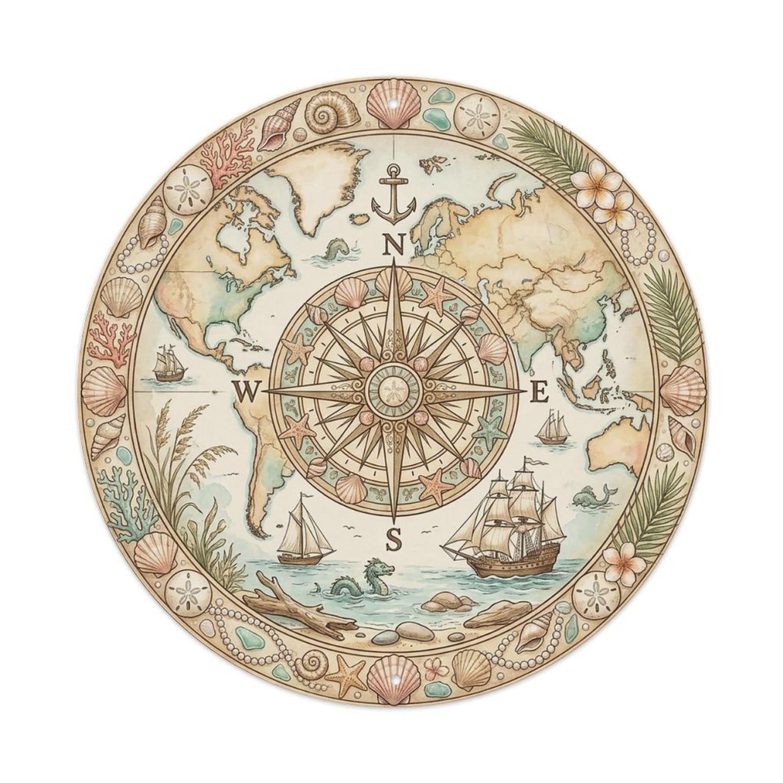 Vintage Nautical Compass World Map Seashore Beauty Metal Tin Sign