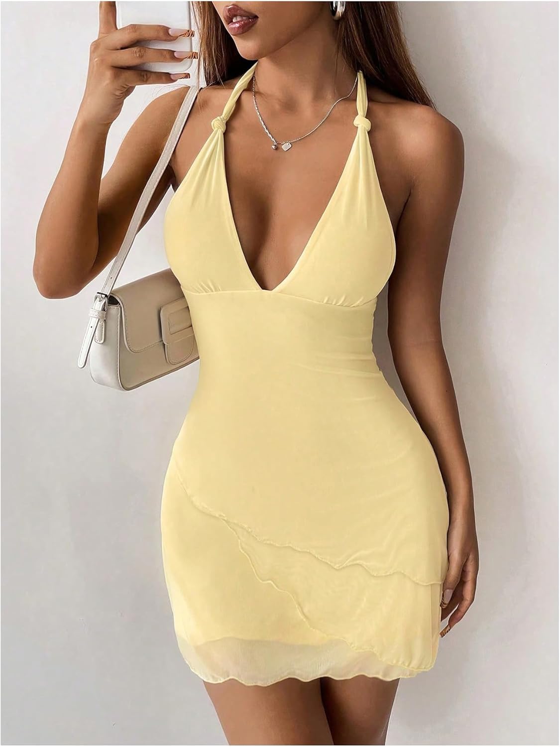 SOLY HUX Women's Deep V Neck Halter Mesh Sleeveless Bodycon Mini Dress Party Beach Vacation Clothes - Image 5