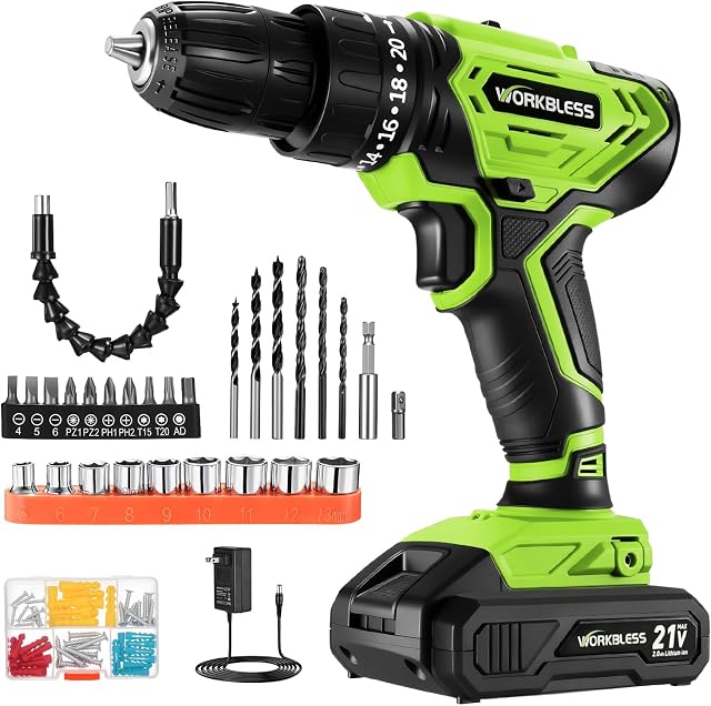 WORKBLESS Cordless Drill, Power Drill Set with 1 Battery and Charger, 40Nm, 20+1 Torque, 2 Speed, Keyless 3/8" Electric Screwdriver with LED Light, 28pcs Drill Bits Set(Green)