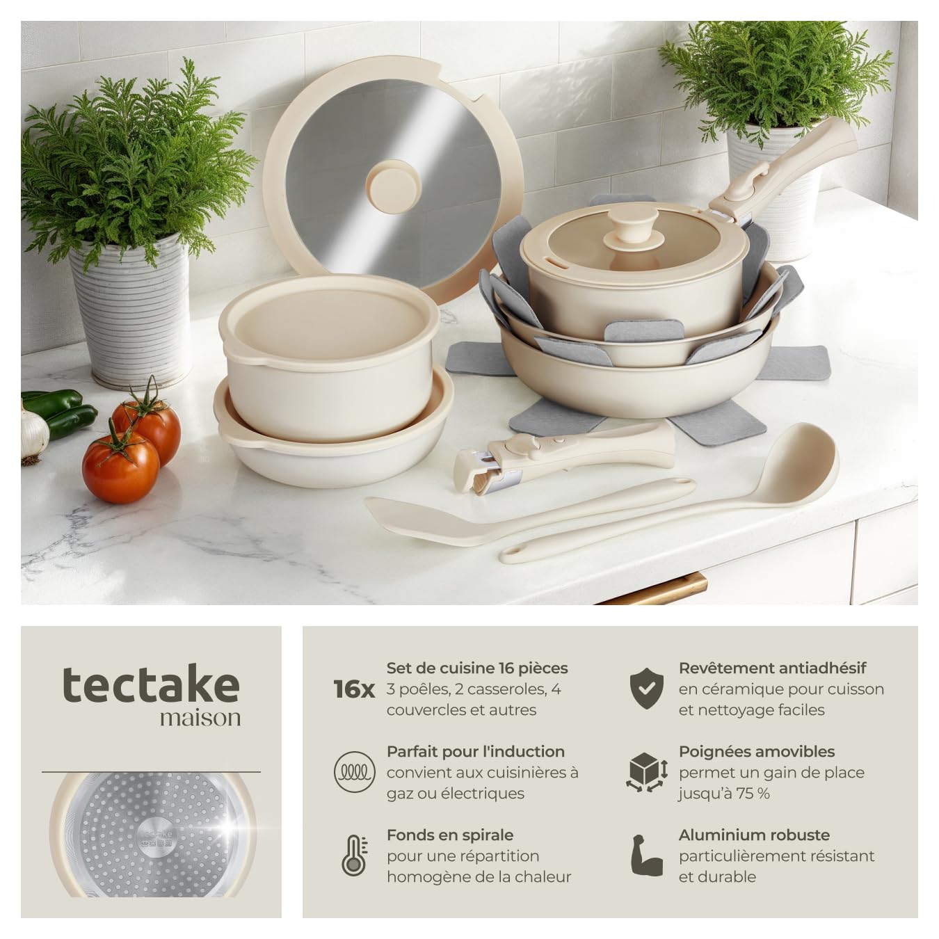 tectake® Batterie de cuisine 16 pcs, 2 Casseroles, 3 Poeles, 4 couvercles, 3 protège Casseroles Spatule Louche Induction gaz Vitrocéramique Poignées amovibles Revêtement antiadhésif en céramique Blanc