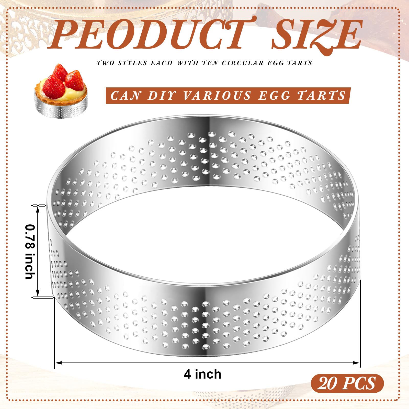 Mumufy Lot de 20 anneaux à tarte ronds perforés en acier inoxydable pour la cuisson de pâtisseries, desserts français, mousses, aliments croustillants (10,2 cm)