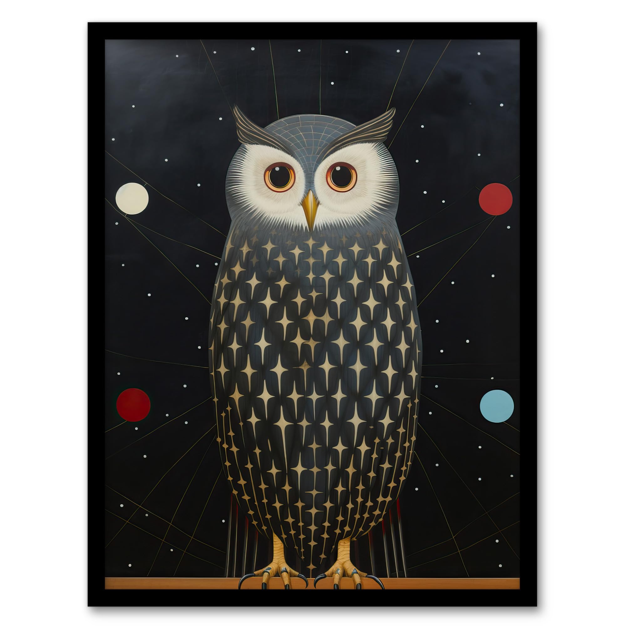 Wee Blue Coo The Night Watch Man Surreal Cosmic Owl Portrait and Starry Sky Grey Blue Orange Oil Painting Artwork Framed Wall Art Print A4