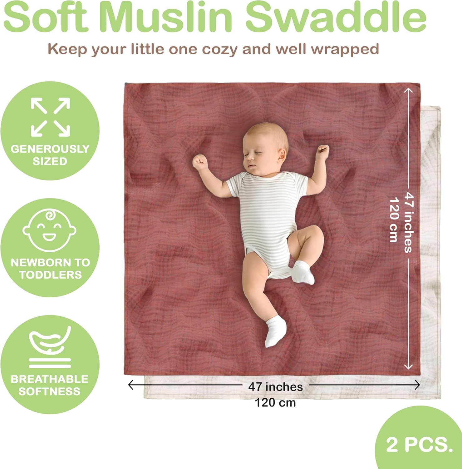 infancie Organic Cotton Baby Muslin Blanket, Breathable - Image 2