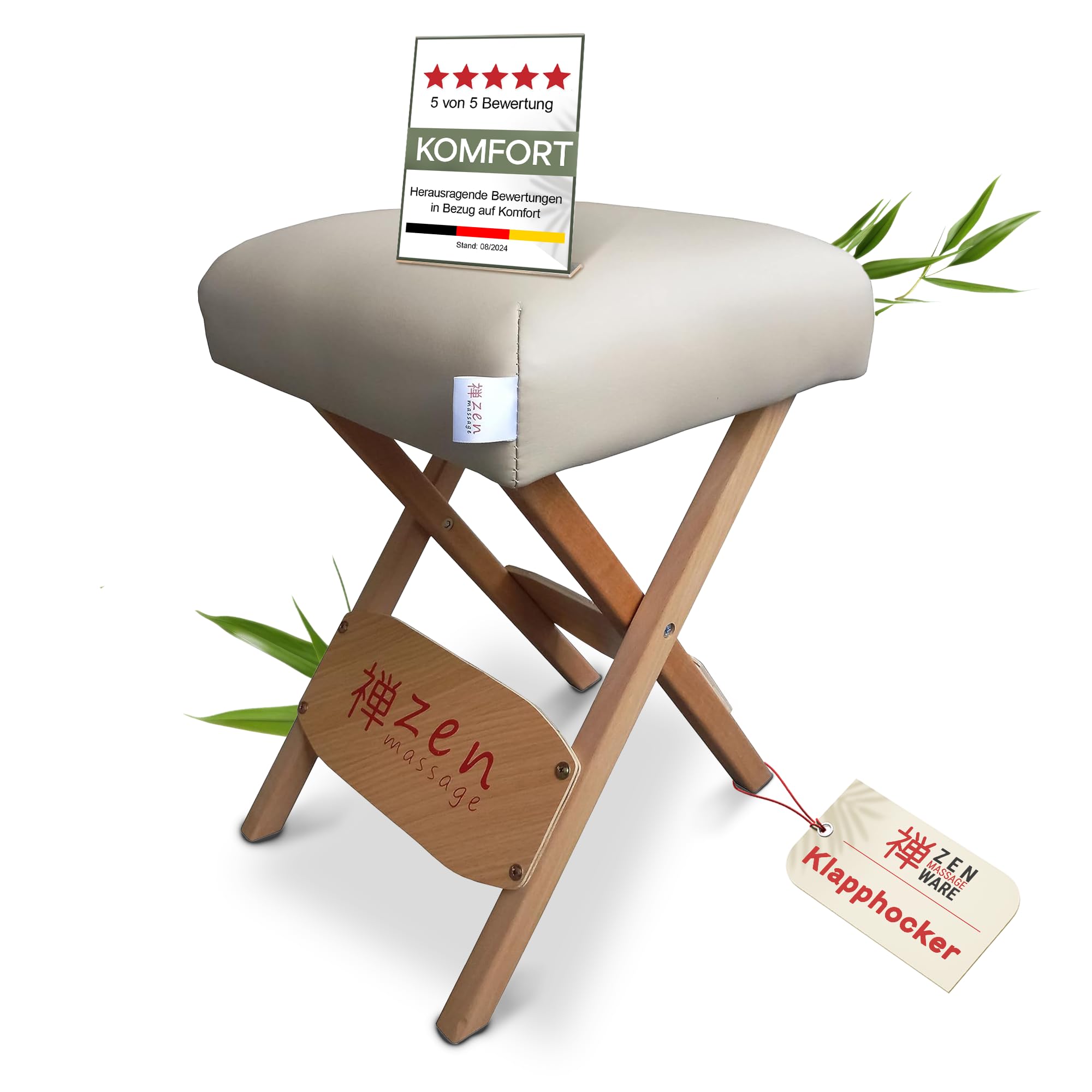 Zen tragbarer Klapphocker faltbar aus Holz 48 x 33 x 33 cm vielseitige Hocker ideal als Massage Zubehör Falthocker, Friseurhocker, Kosmetikhocker, Arzthocker - Klappstuhl geplostert & bequem (Cremé)