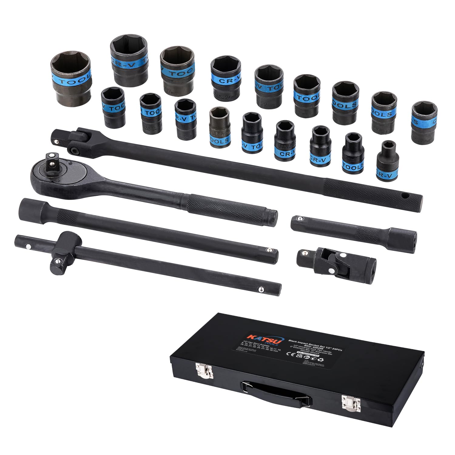 KATSU Tools Juego de 24 llaves de vaso de 1/2 pulgada CR-V, 6 puntos, métricas de 8-32 mm, llave de trinquete de liberación rápida de 72 dientes, funda de transporte de acero, herramienta mecánica