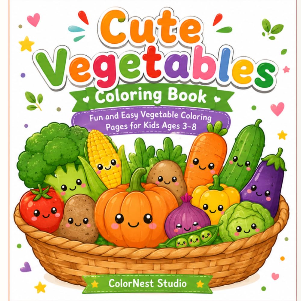Cute Vegetables Coloring Book: Fun and Easy Vegetable Coloring Pages for Kids Ages 3–8