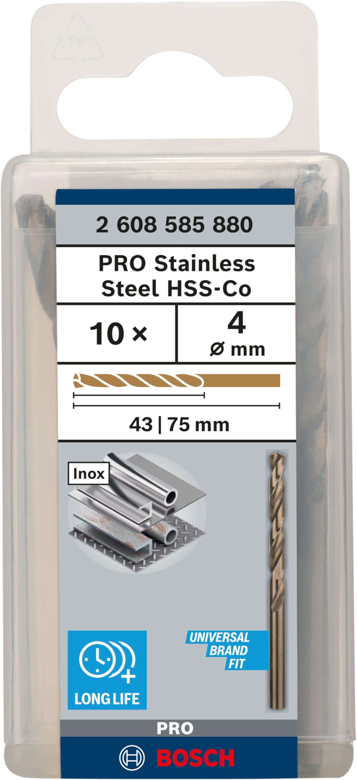 Forêt à Métaux Rectifié HSS-Co, DIN 338, 135° Angle de Coupe, 43mm Longueur Utile, 4mm Diamètre, Lot de 10