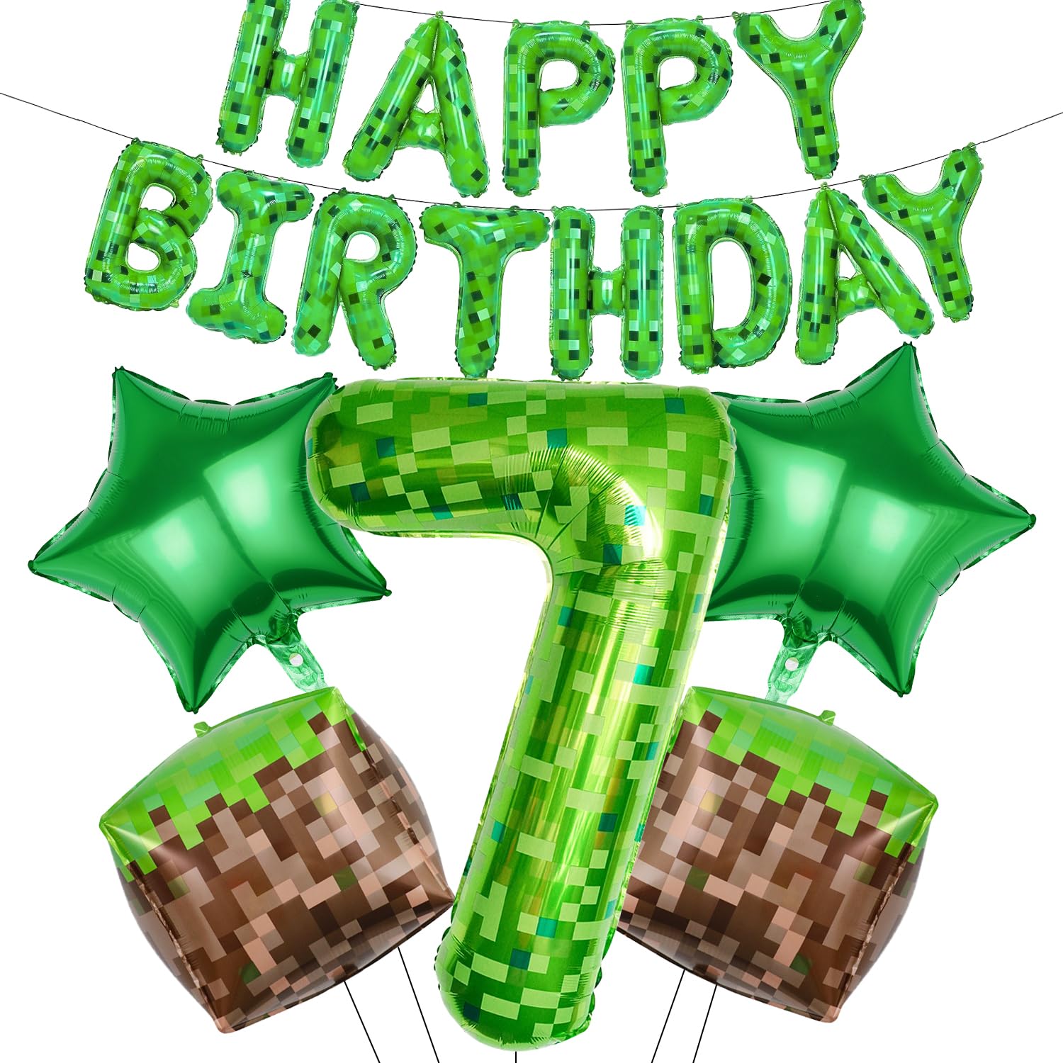 RNHDLY Pixel Balloon Birthday Decoration 7 Years, Happy Birthday Balloons, Game Foil Balloons, Green, 11 Count, Boys, Children