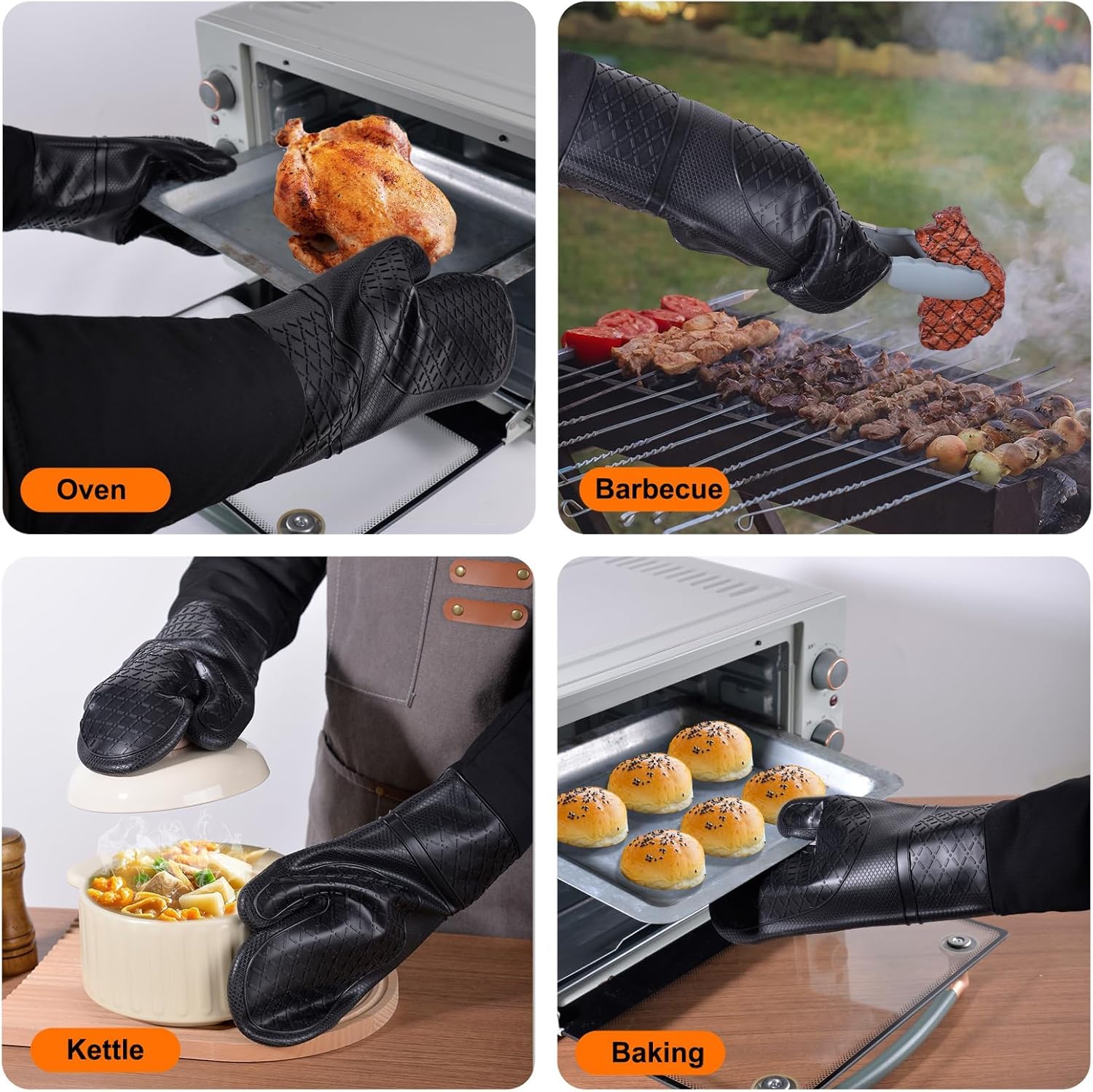 Linwnil Guanti da forno extra lunghi da 49,5 cm, in silicone, resistenti al calore, con fodera in cotone trapuntato, confezione da 2 (grigio)