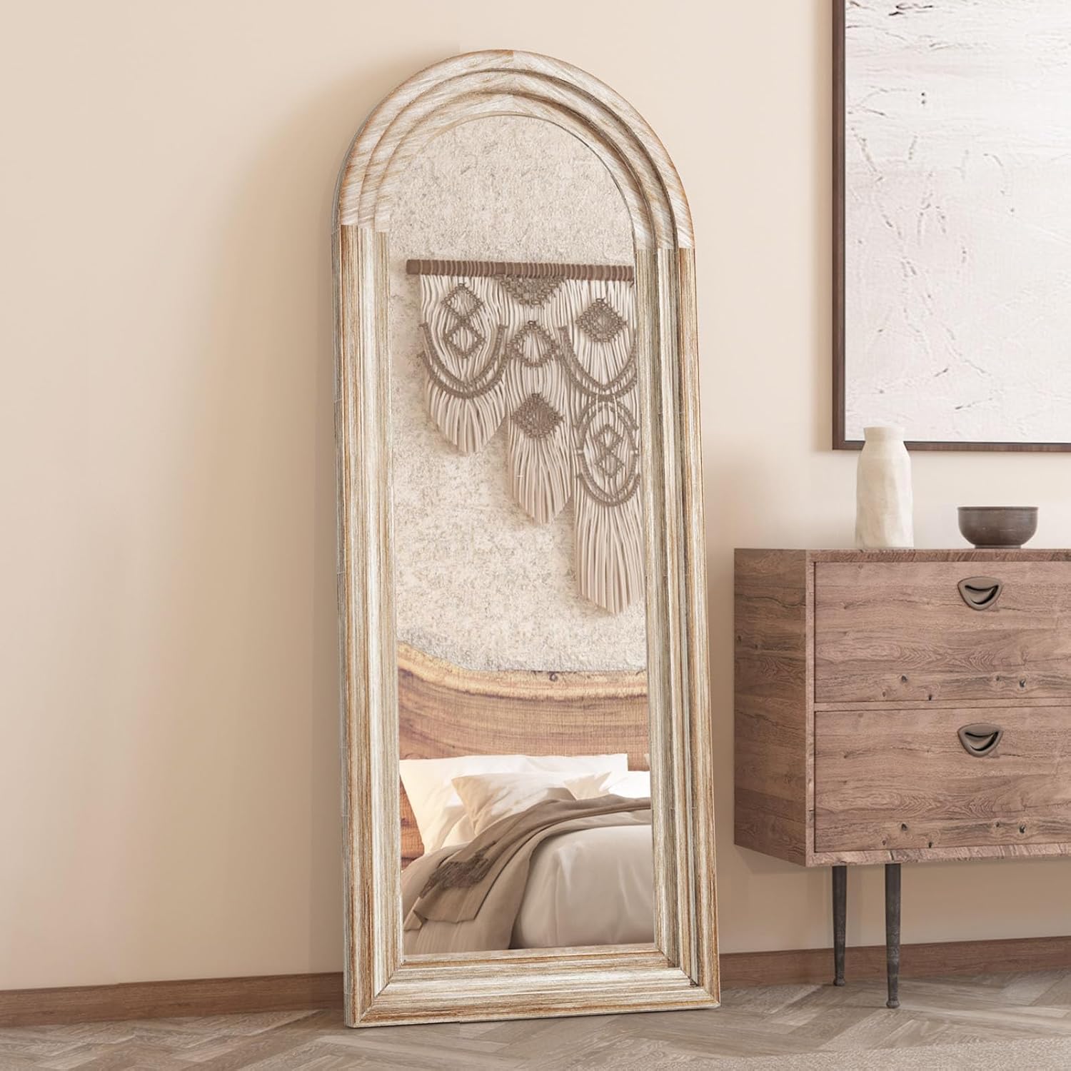 CASSILANDO Full Length Mirror Arched 65"x24" Wood Wall Full Length Distressed Large Floor Mirror for Living Room, Bedroom, Entrance.（Weathering White - Image 4