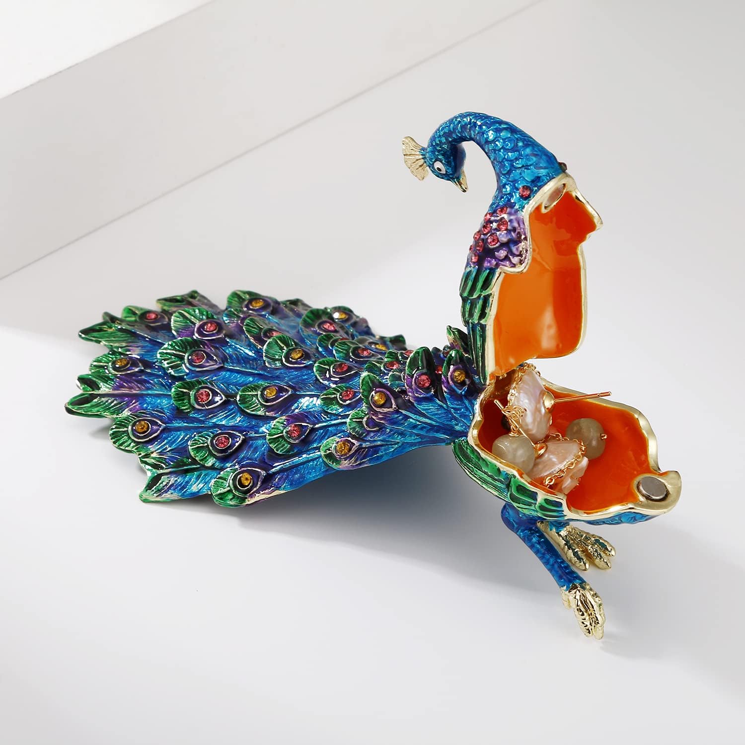 Hand Painted Enamel Peacock Trinket Box for Home Decor, Hinged Enamel Jewelry Organizer Storage, Unique Keepsake Collectible Figurine Personalized Elegant Ornament Gifts (Purple Peacock)