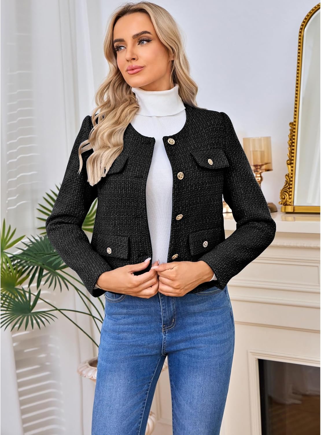 Women's Tweed Blazers Jackets Casual Long Sleeve Button Down Business Short Casual Cropped Coats - Image 6