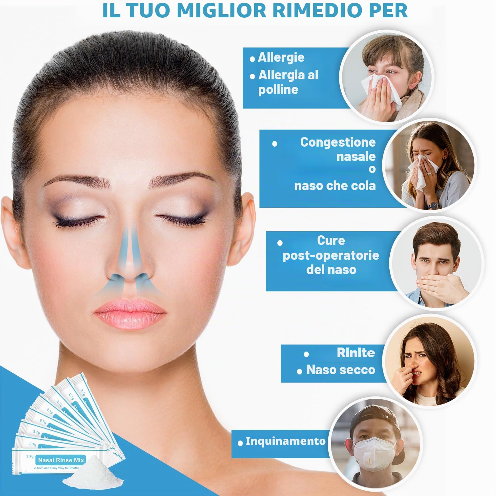 Sale per Lavaggi Nasali 60 Bustine da 2,7 g – Soluzione Fisiologica per Irrigazione Nasale – Adulti e Bambini – Ideale per Doccia Nasale