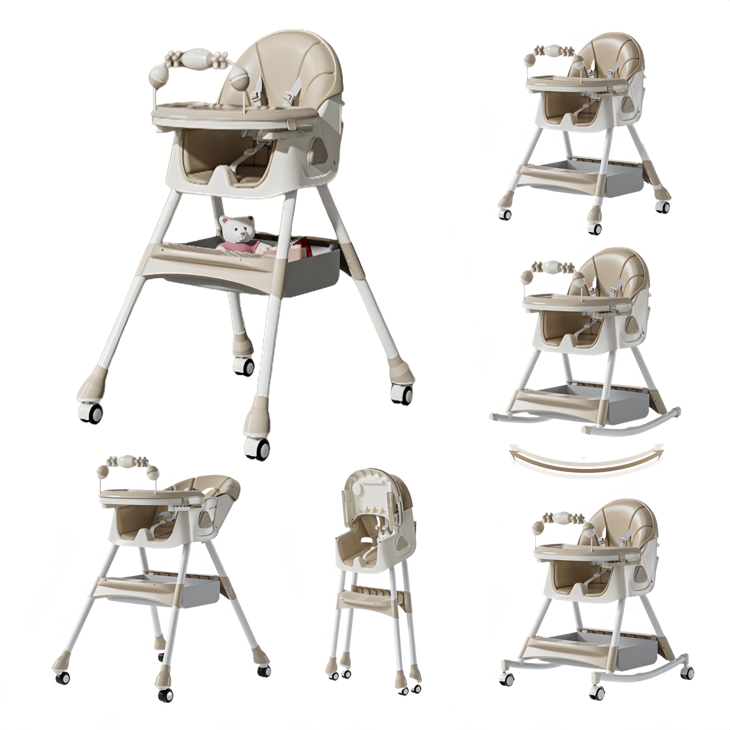 Seggiolone per Bambini Sedia da Pranzo per Multifunzionale con Doppi Vassoi Staccabili e Ruote Pappa con modalità oscillazione e Schienale Regolabile a 3 velocità (560 Khaki)