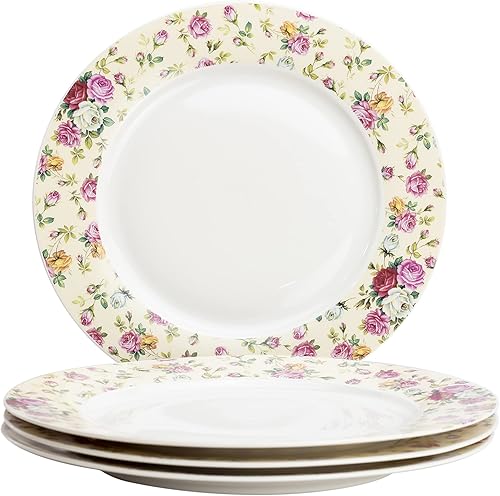 Gracie China by Coastline Imports Juego de 4 platos llanos color crema rosa chintz, 10.5 pulgadas, rosa amarillo (RS33707CR/S4)