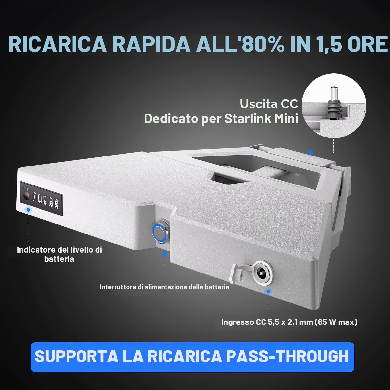 E100 Batteria per Starlink Mini con caricatore, 99 Wh (27.600 mAh), adatta ai viaggi in aereo, fino a 5 ore di autonomia, IP65 resistente all’acqua, supporta ricarica pass-through