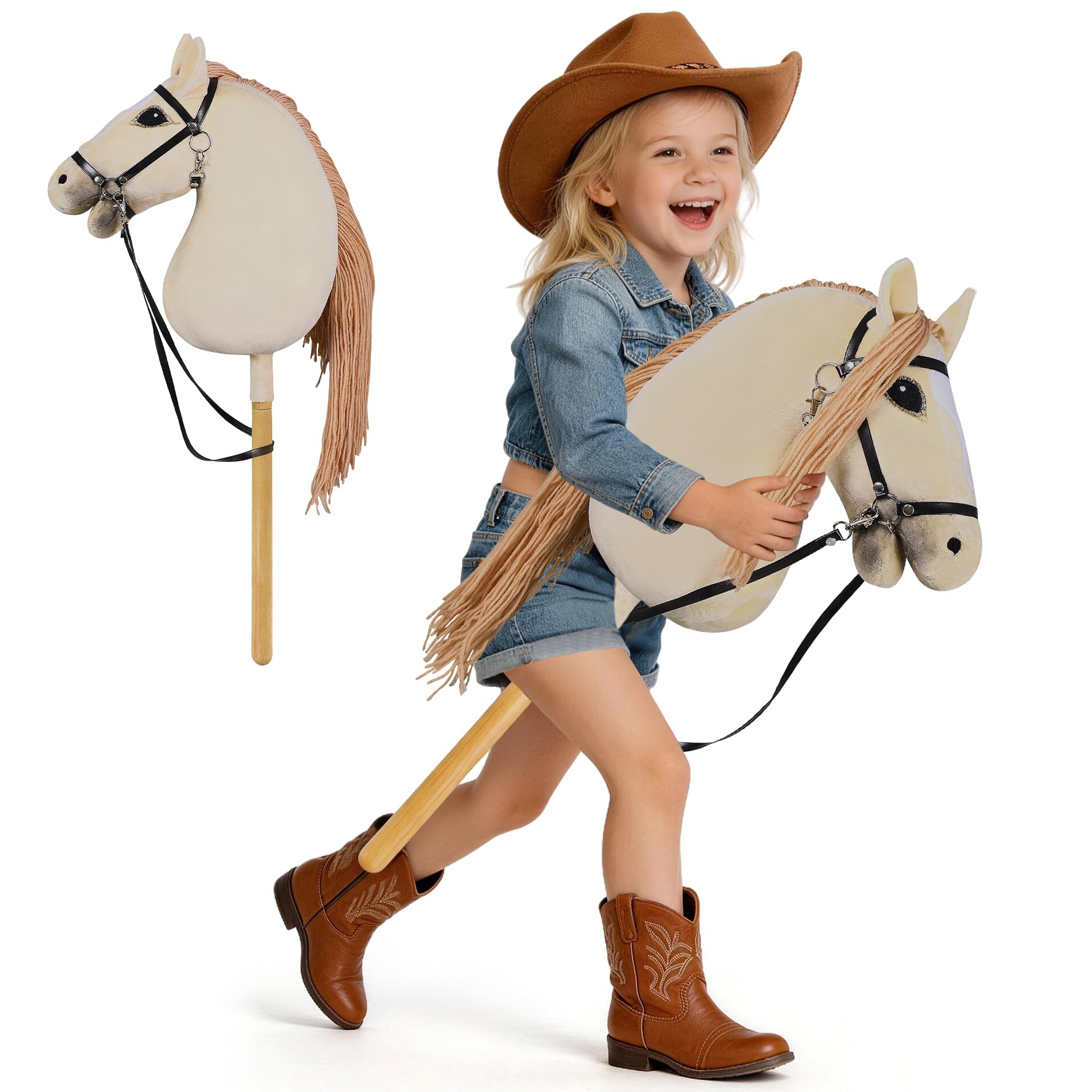 Arkyomi Plush Hobby Horse Stick Toy for Kids, 40cm Wooden Handle(Khaki)