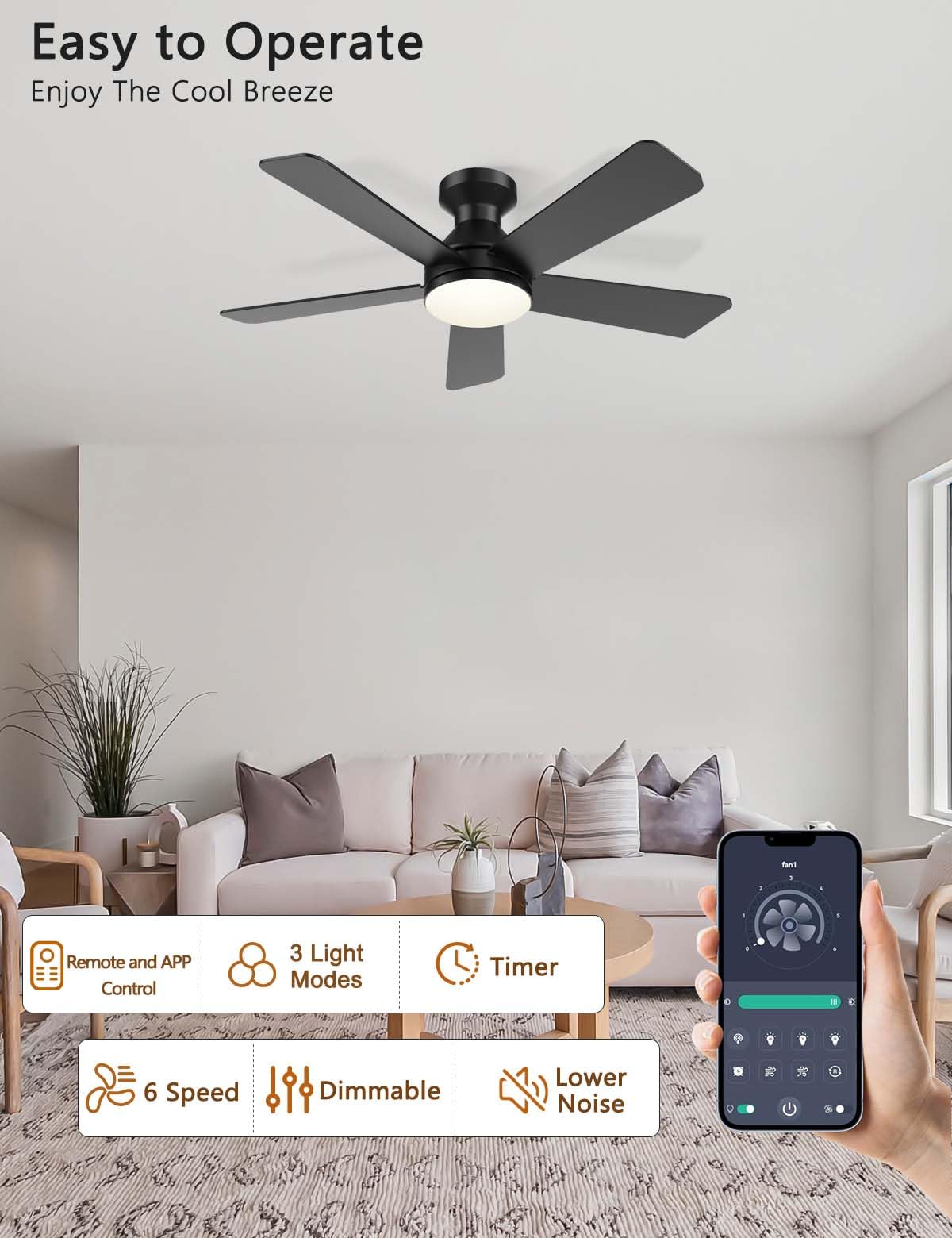 Ventilatore da soffitto silenzioso da 42 pollici con luci, controllo remoto e tramite app, timer, motore CC reversibile, 5 pale, 6 velocità, luci LED dimmerabili per camera da letto, soggiorno e cuci