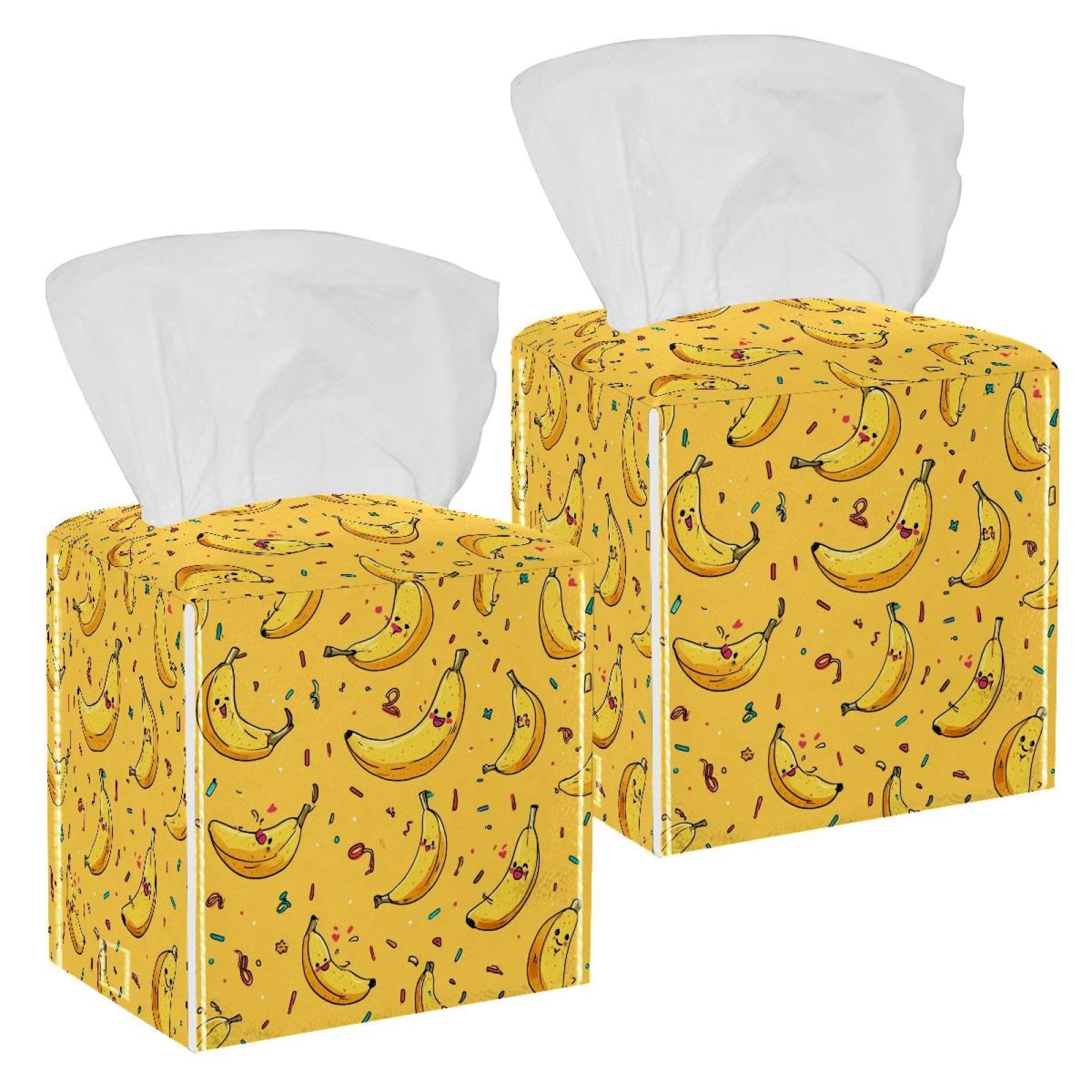 Banana Tissue Box Cover, 2 Pack PU Leather Square Facial Tissue Dispenser Box holder for Home Office Car
