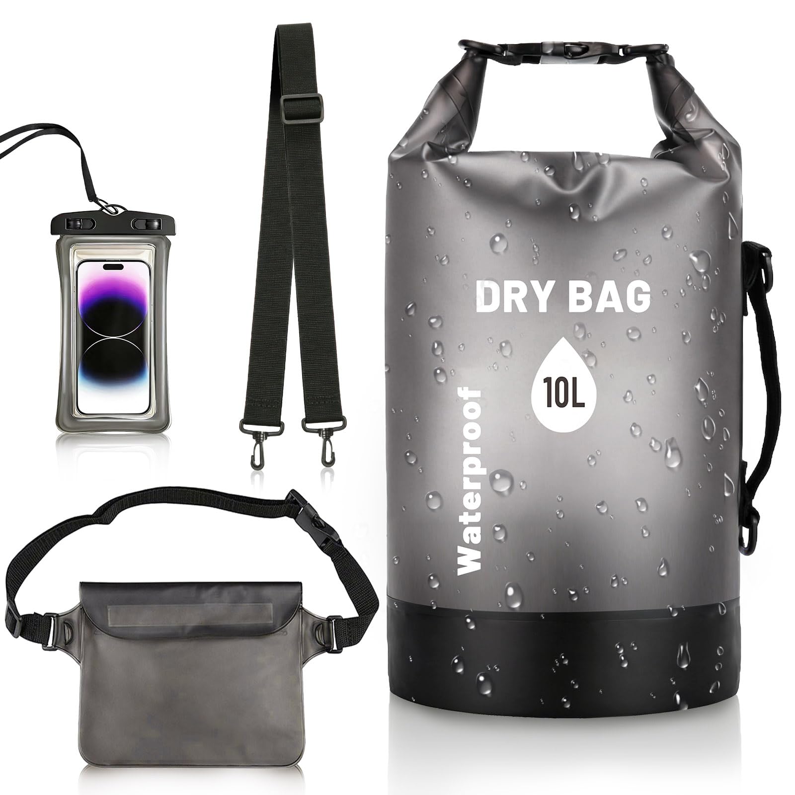 Dry Bag Sac à Dos Étanche 10L avec Sac Banane et Pochette Téléphone | PLCatis Sac Étanche Imperméable pour Bateau Kayak Rafting Camping Sports Nautiques avec Accessoires de Protection Noir