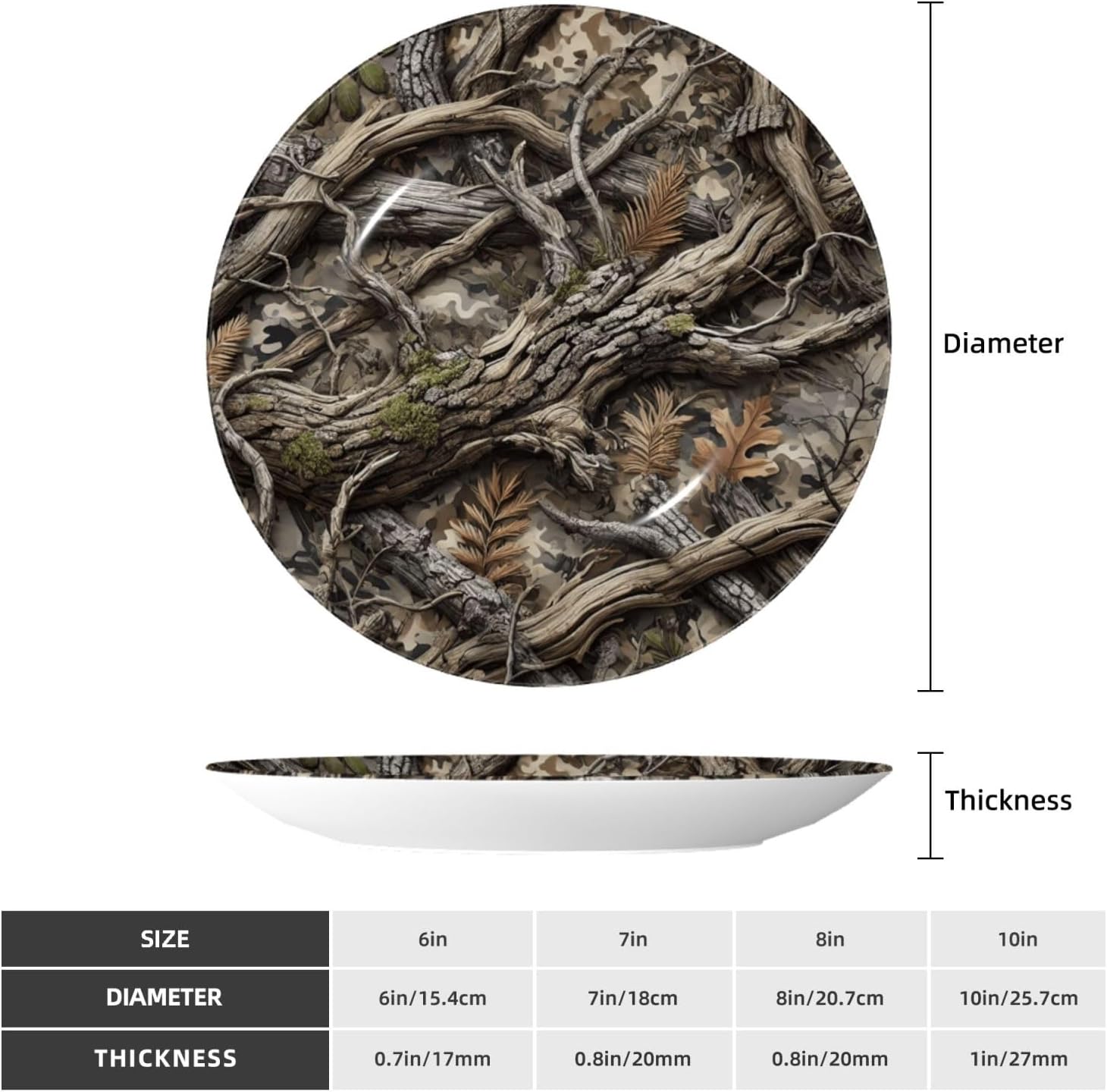 Tree-Bark-Branches-Camo 10 Inch Decorative Plate With Stand, Elegant Display Wall Plate For Home Decor