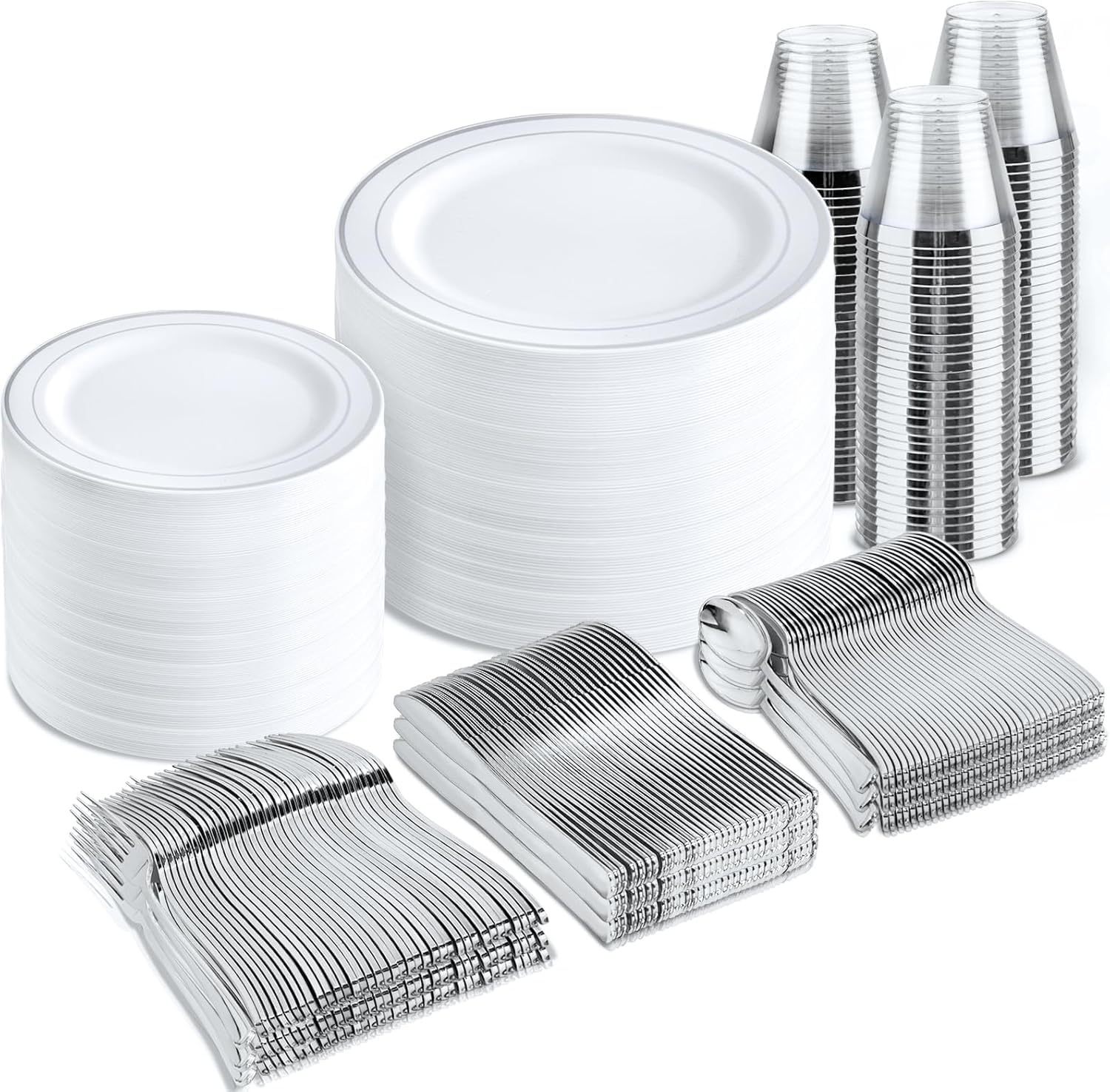 bUCLA 150 Piece Silver Disposable Dinnerware Set -14