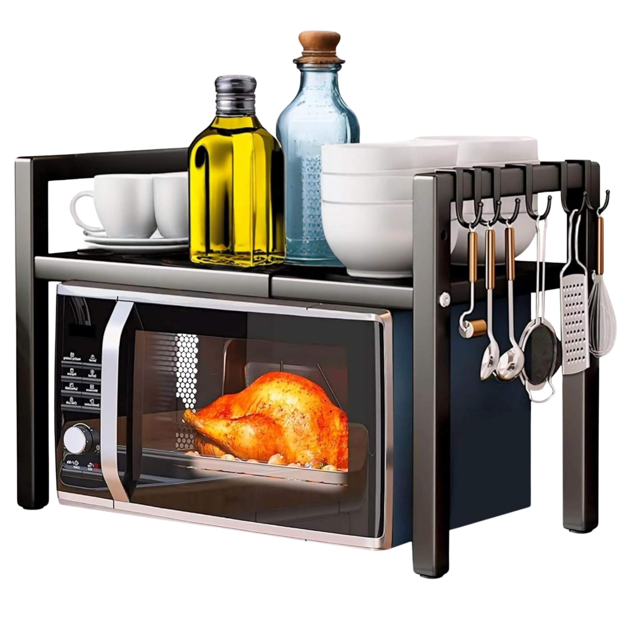 Multifunctional Microwave Countertop Holder as Kitchen Organizer or Kitchen Shelf for Kitchen Storage. Extendable and Compact Microwave Shelf with Additional Organizer for Modern Kitchen.