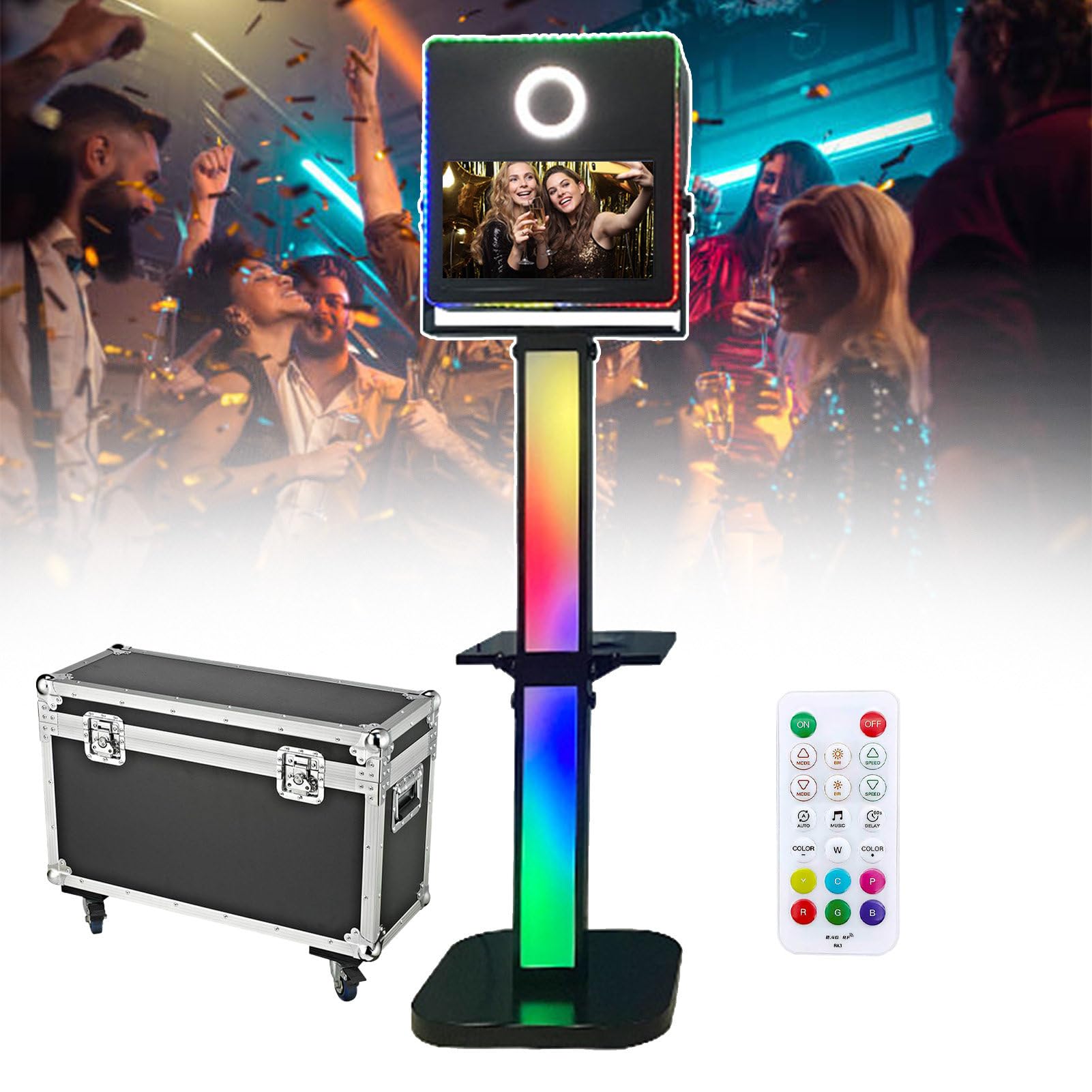 Photo Booth Machine - Specchio portatile per eventi, matrimoni e feste, include schermo da 15,6 pollici, luce ad anello, streaming live, custodia da volo
