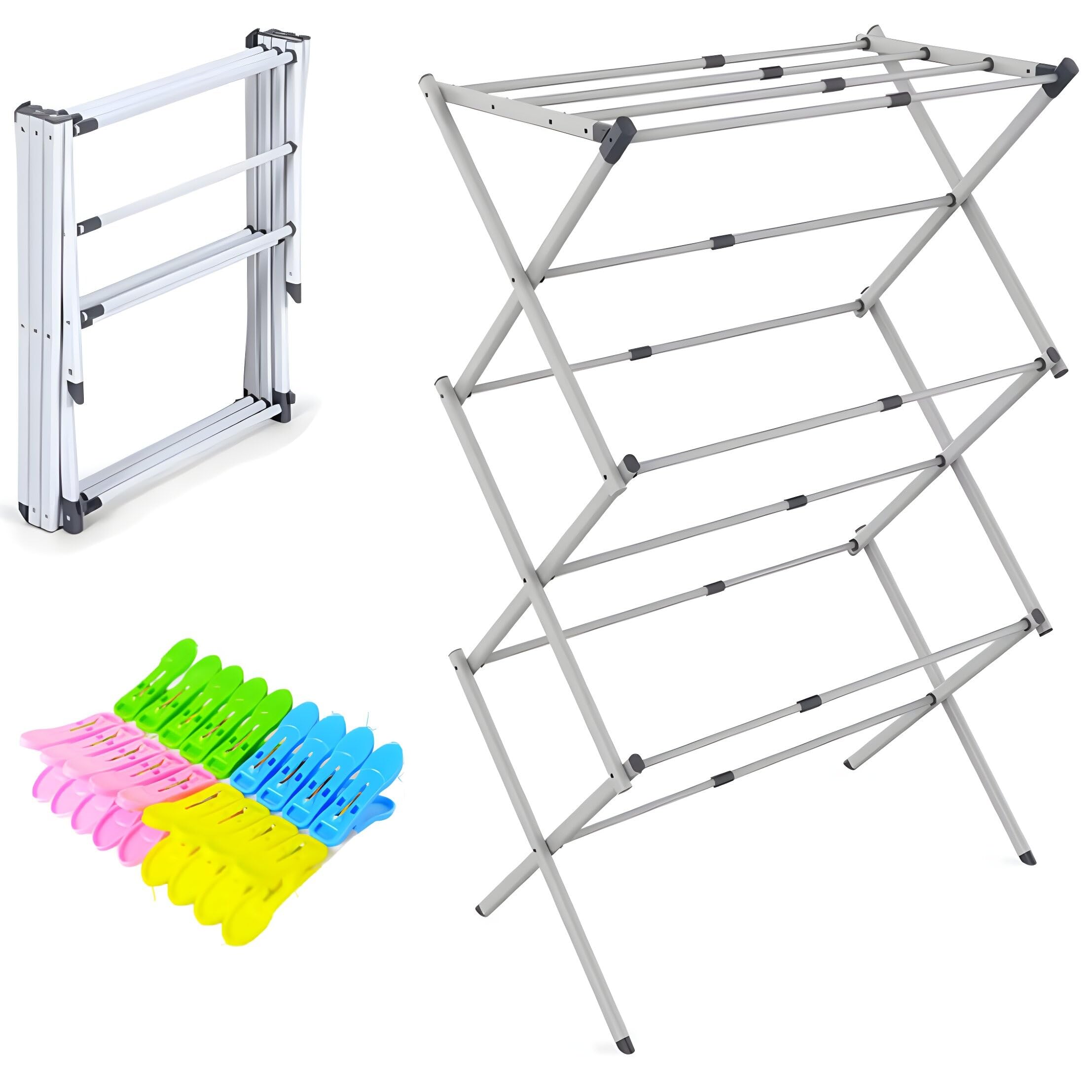 White Best Clothes Airer, 3-Tier Expandable & Foldable Drying Rack With 20 Clips, Best Stainless Steel Drying Rack With Laundry Pegs & Clips.