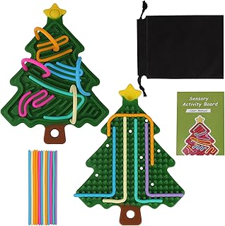 Christmas Tree Sensory Activity Board, Double-Sided Silicone Sensory Fidget Board, Silicone Fidget Toy with 12 Strings for Kids, Adults, Calming, Stress, Anxiety Fidget Toys (Green)