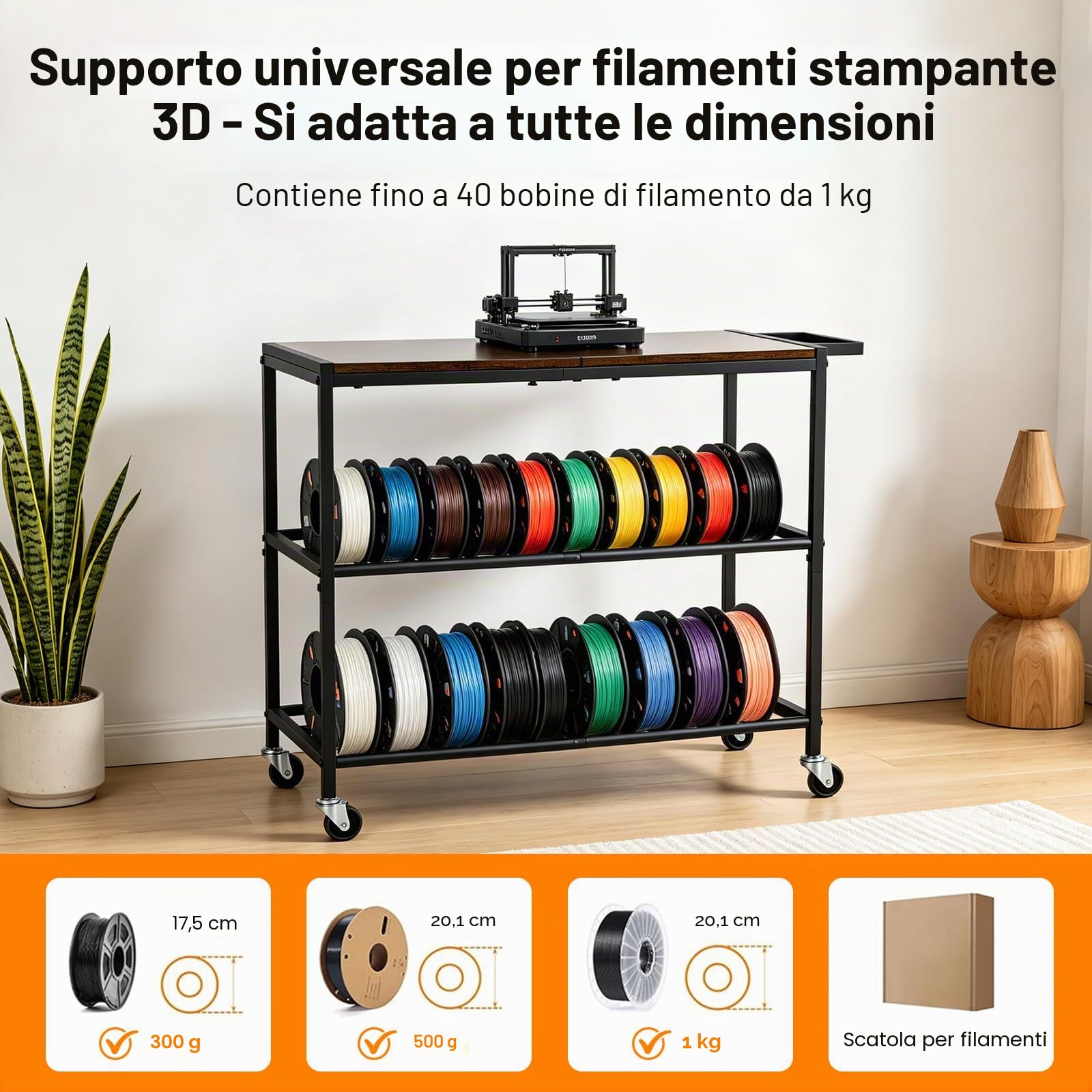 Scaffale mobile per stampante 3D, supporto per bobine pesanti con ruote, 3 ripiani, organizer da scrivania, adatto per stazione di stampa, ufficio, officina