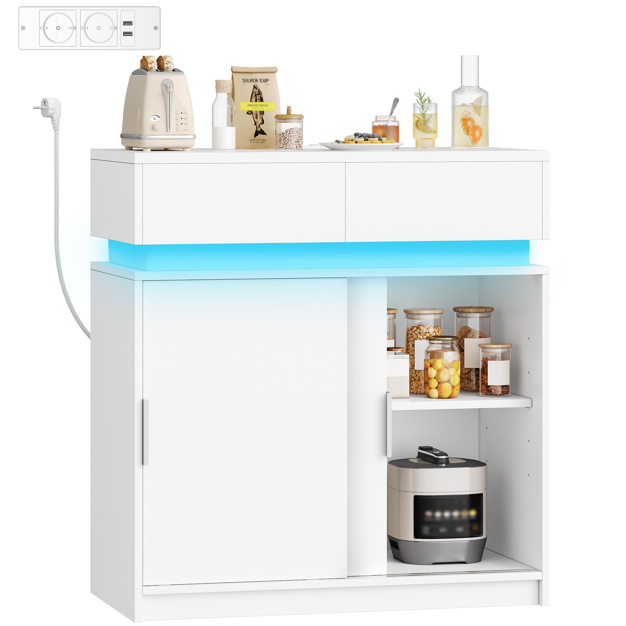 Hzuaneri Aparador, Armario de Cocina con 2 Puertas Corredizas, 2 Cajones, Regleta y Tira de Luces LED, Estantes Ajustables, Estilo Moderno, para Cocina o Salón, 40 x 80 x 85 cm, Blanco SC00203XEU