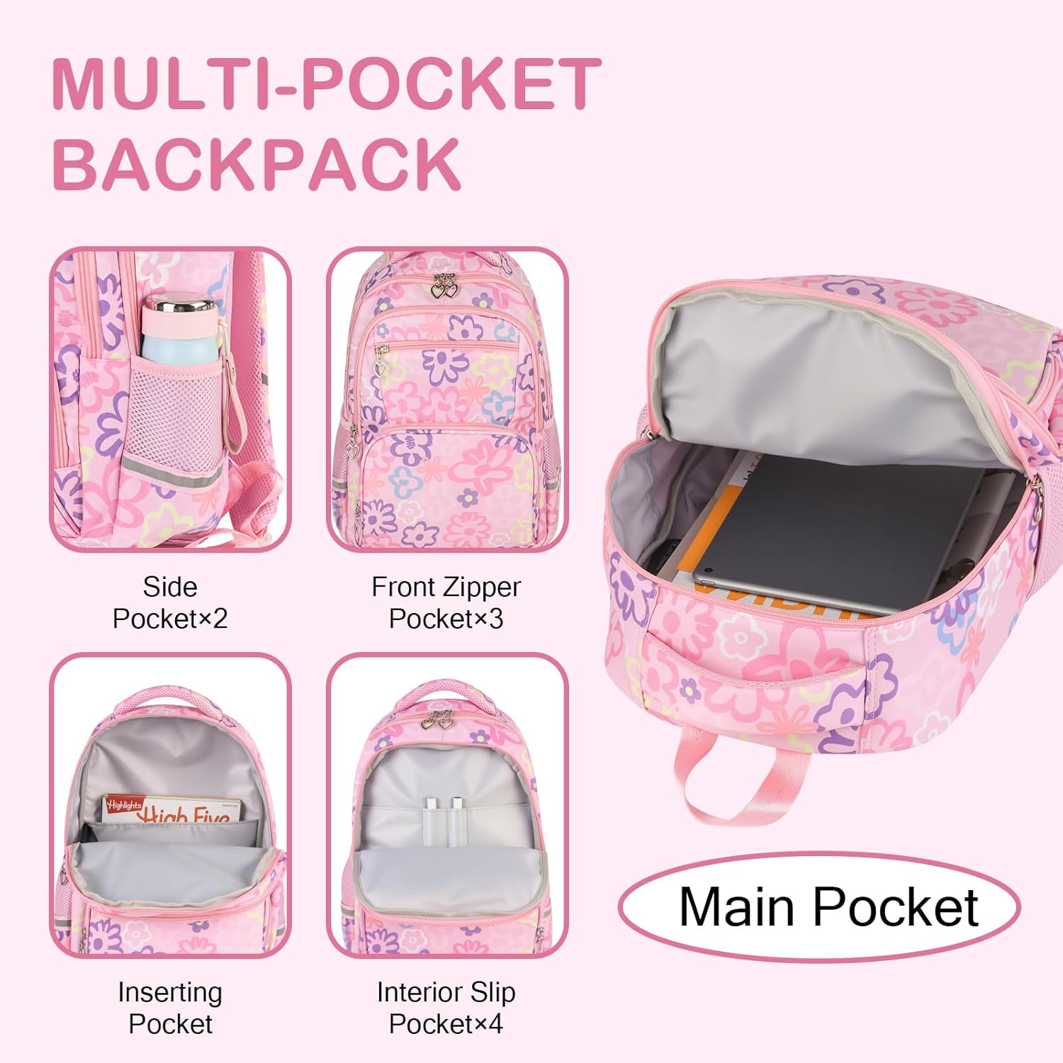 Rexmore 3Pcs Girls Backpack Set with Lunch Box & Pencil Case – Water-Resistant Flower Print Kids Backpack for Elementary, Middle School, Camping & Travel Gifts (Pink) - Image 4