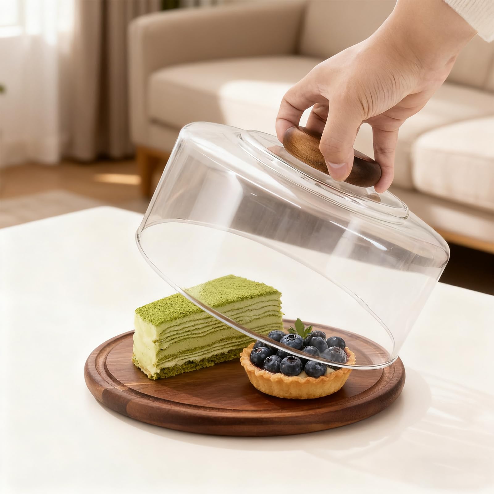 Piatto per torta con coperchio, campana in vetro con vassoio in legno, supporto per torta in legno con campana, piatto per torta con cappuccio