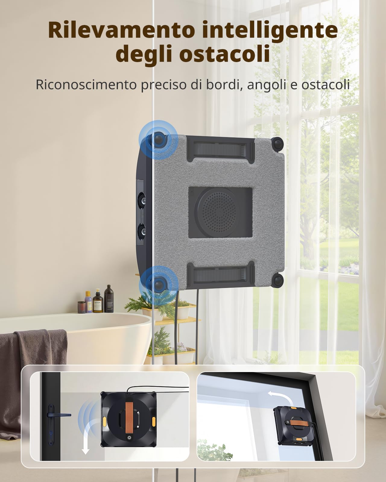 AIRMSEN YW733 Robot lavavetri, pianificazione automatica, 4 modalità di pulizia, 4 ugelli spray, serbatoio grande da 110 ml, 6000 Pa, antiscivolo, per finestre, vetri doccia & specchi