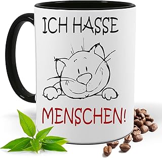 Lustige Tasse mit Spruch |ICH HASSE MENSCHEN | Katze| Kakao- Kaffee- Tee- Fototasse| Geschenke für männer frauen | Keramik Tasse |Spülmaschinenfest (Schwarz)