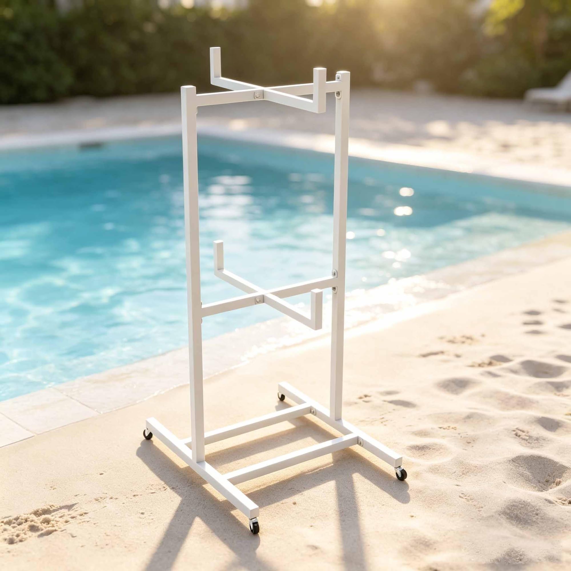 Supporto a 2 livelli per galleggianti da piscina, organizer esterno per bordo piscina, organizer con ruote e barra trasversale, adatto per attrezzature e accessori nuoto