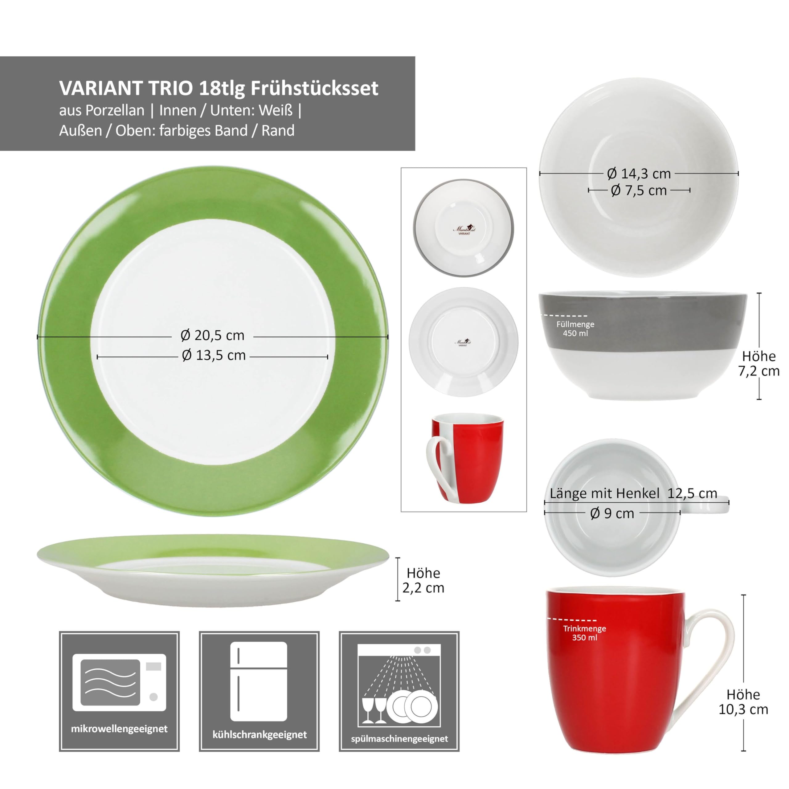 MamboCat Variant Trio Service de petit-déjeuner 18 pièces I 6 petites assiettes, 6 bols de 450 ml et 1 tasse à café 350 ml, hauteur 10,3 cm pour 6 personnes I Vaisselle en porcelaine pour le petit