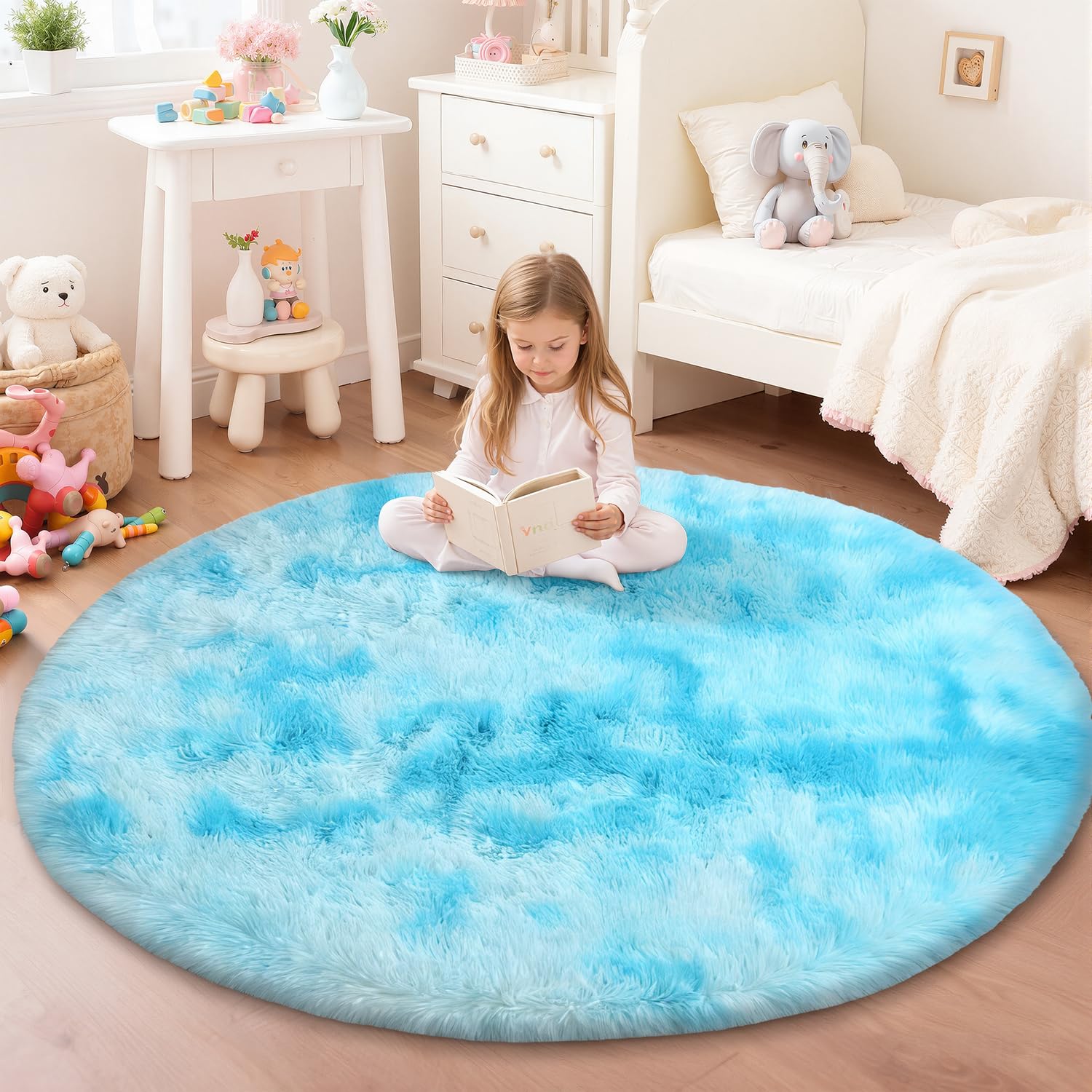 JOYARR Round Rug Kids Room Bedroom Nursery, Fluffy Soft Shaggy Washable Anti-Slip Modern Decor Carpet, Tie-dye Light Blue, 140 cm