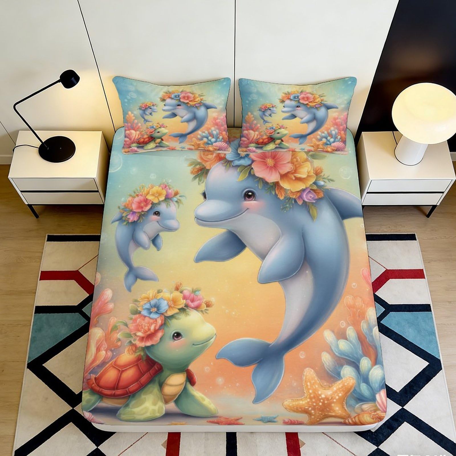 3D Printed Dolphin Turtle Ocean Fitted Sheet Microfiber Soft Mattress Cover Kids Bedroom Dorm Decor 100x200cm 90x200x25cm