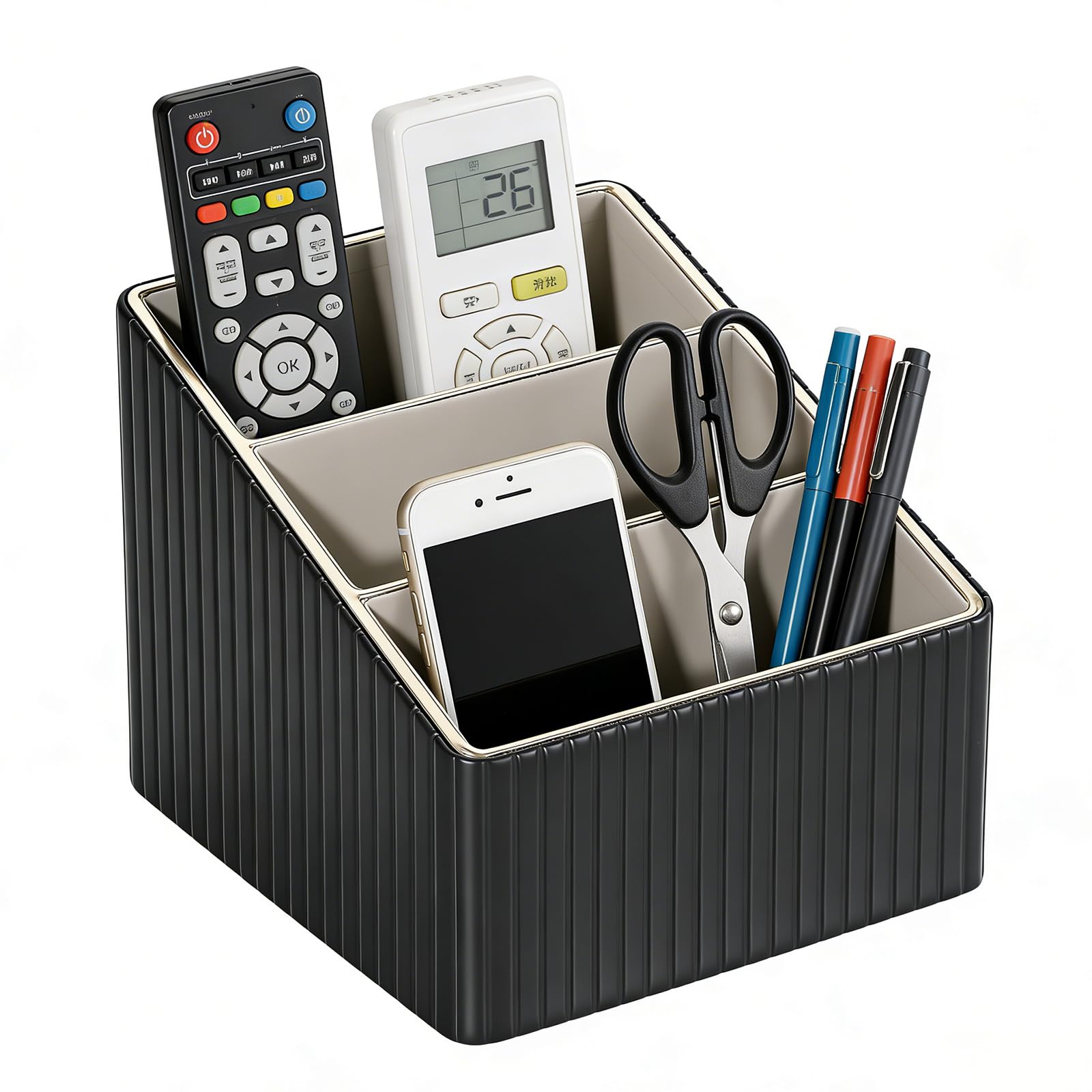 Fernbedienung Halterung mit 3 Taschen,PU Schreibtisch Organizer für Zuhause | Mehrere Fächer,Platzsparend,Schneller Zugriff,Fernbedienungshalter für Büro,Stifte Schreibtisch Aufbewahrung für TV 4K Stick